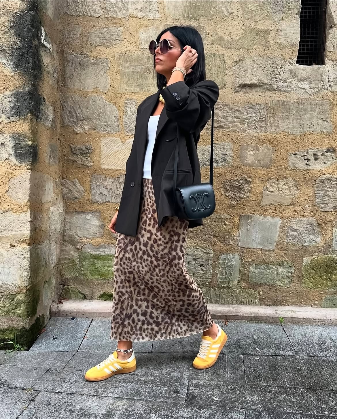 Leopard Midi Skirt With Bold Sneakers