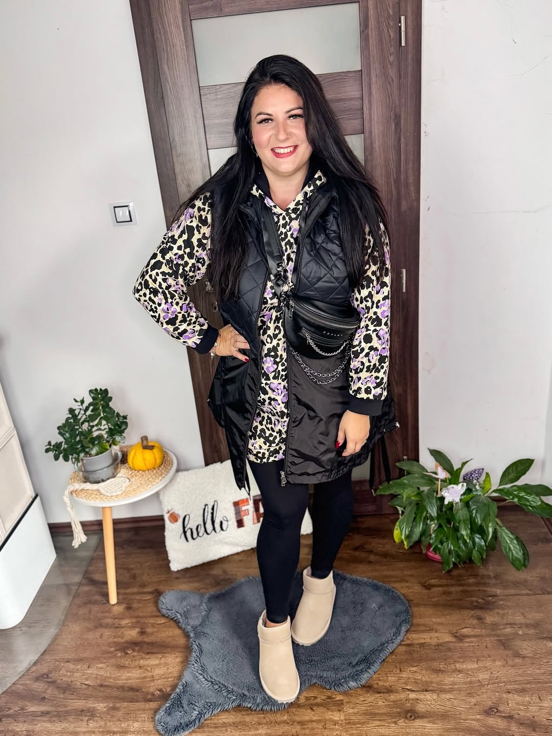 Leopard Print Hoodie With Puffer Vest Casual Look