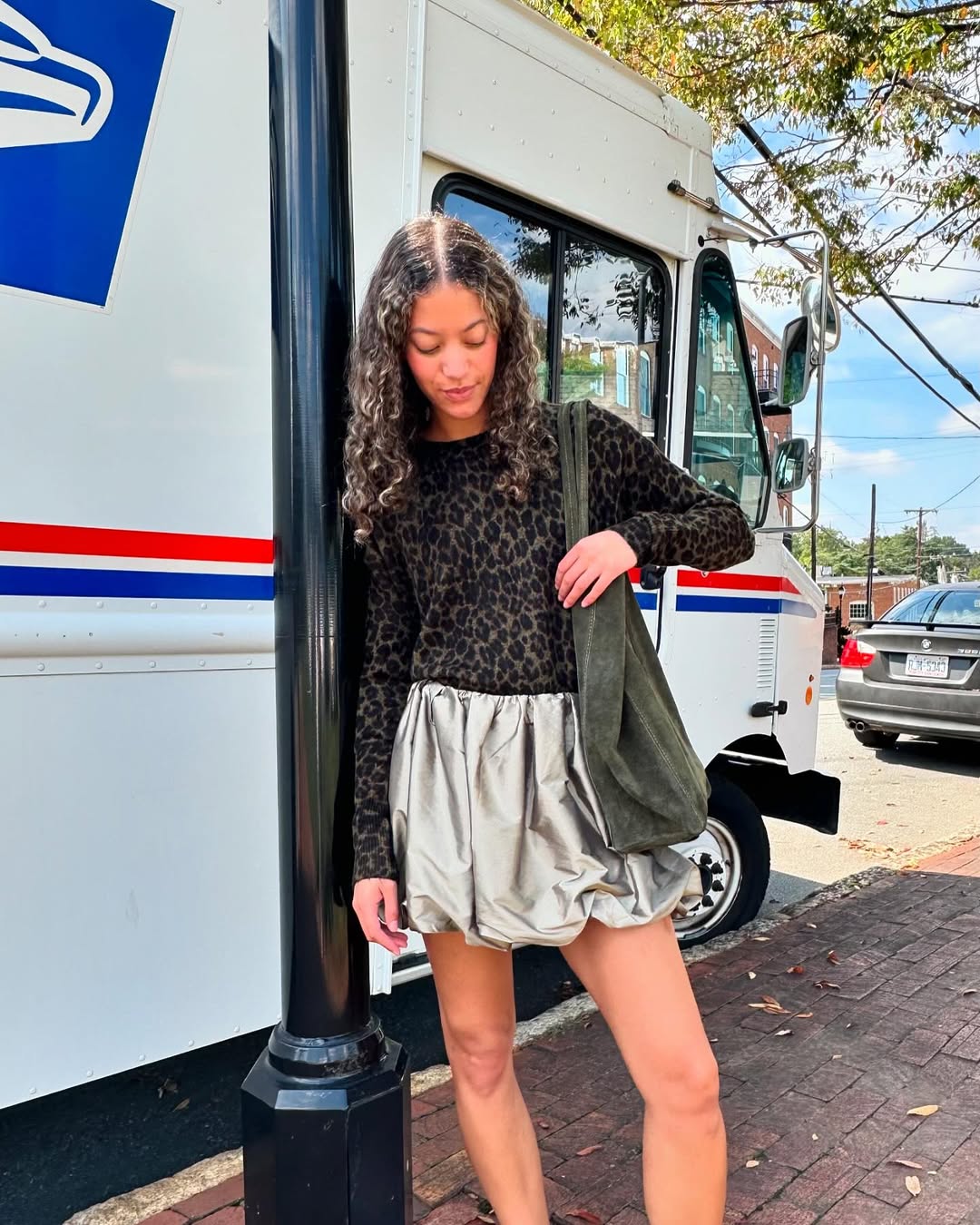 Leopard Print Sweater Paired With Silky Bubble Skirt