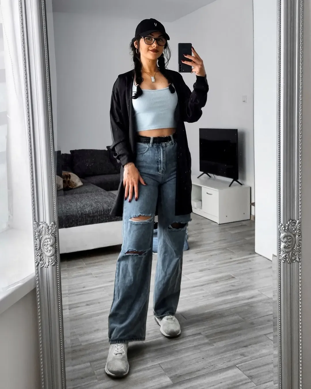 Light Blue Crop Top With Ripped Boyfriend Jeans