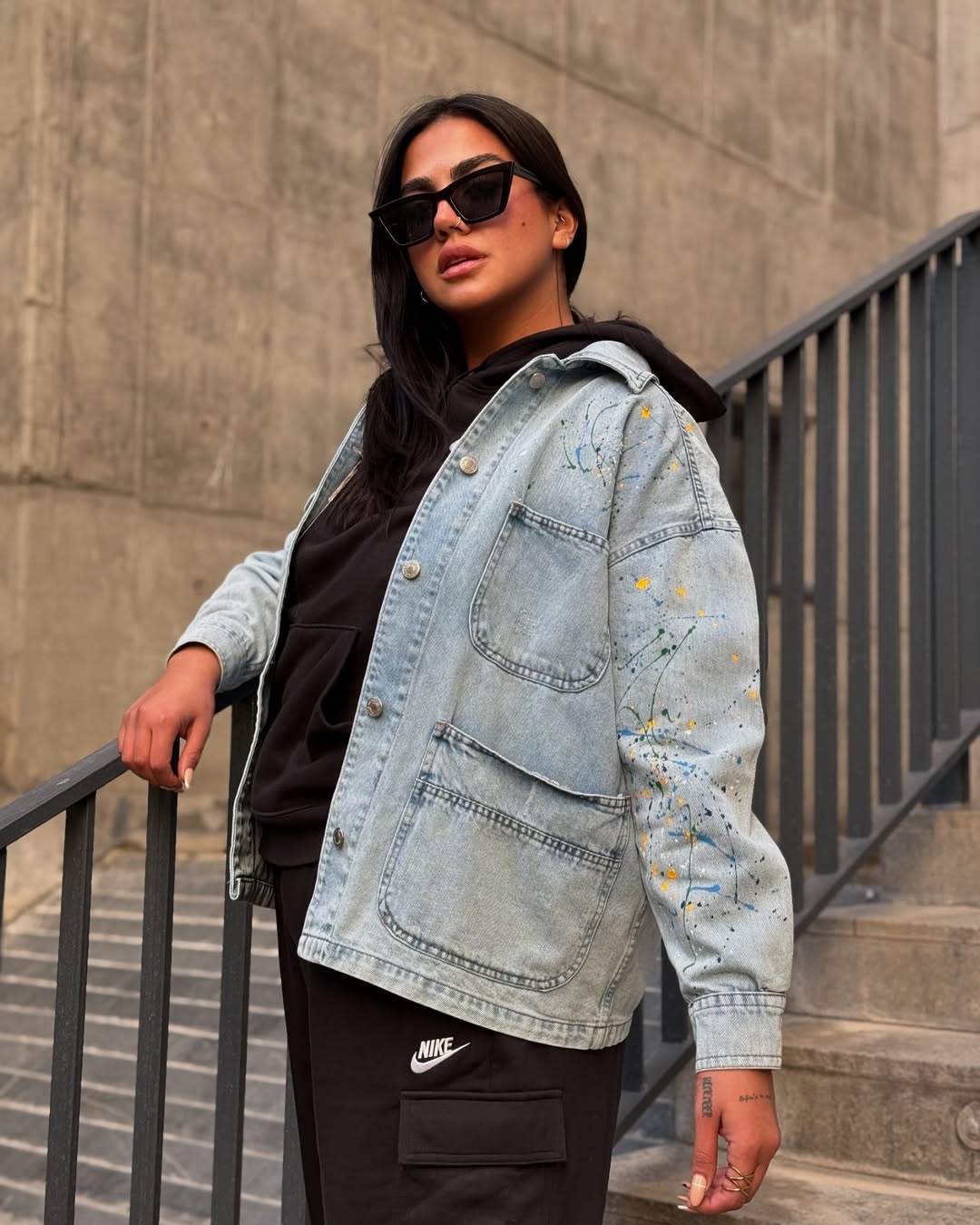 Light Wash Denim Jacket With Black Hoodie Casual Look