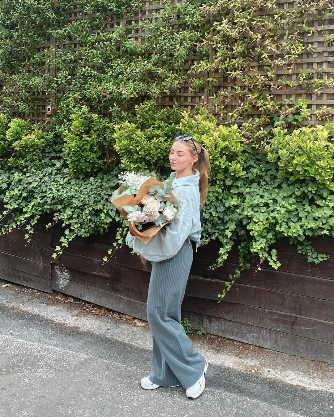 Light Wash Denim Jacket With Wide Leg Trousers