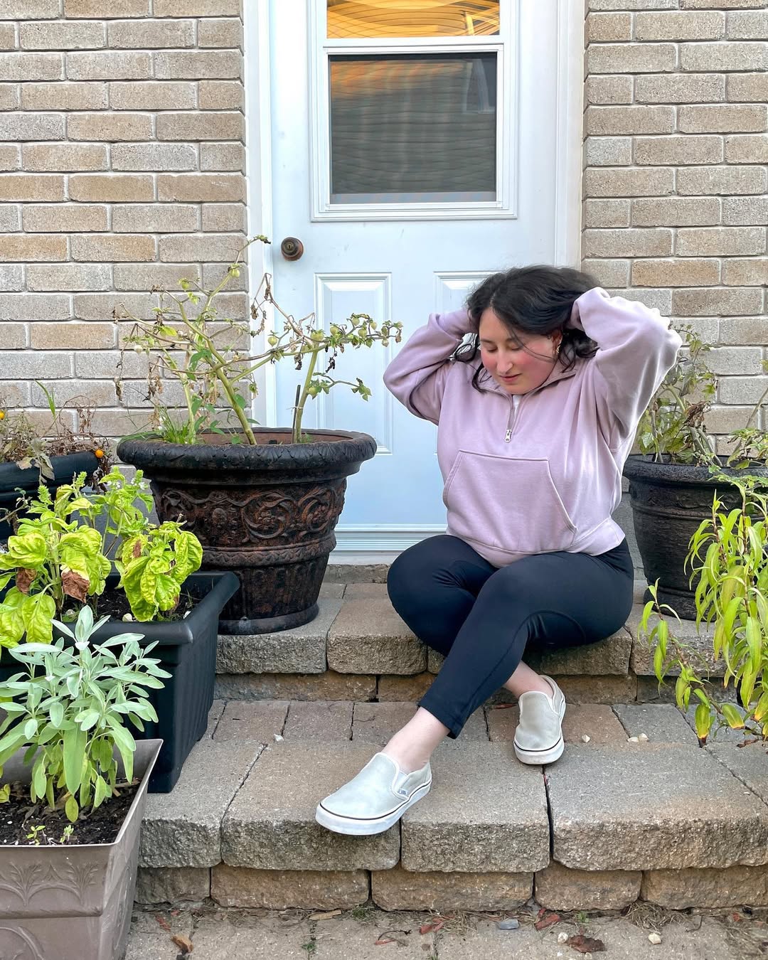 Lilac Quarter Zip With Black Leggings And Sneakers