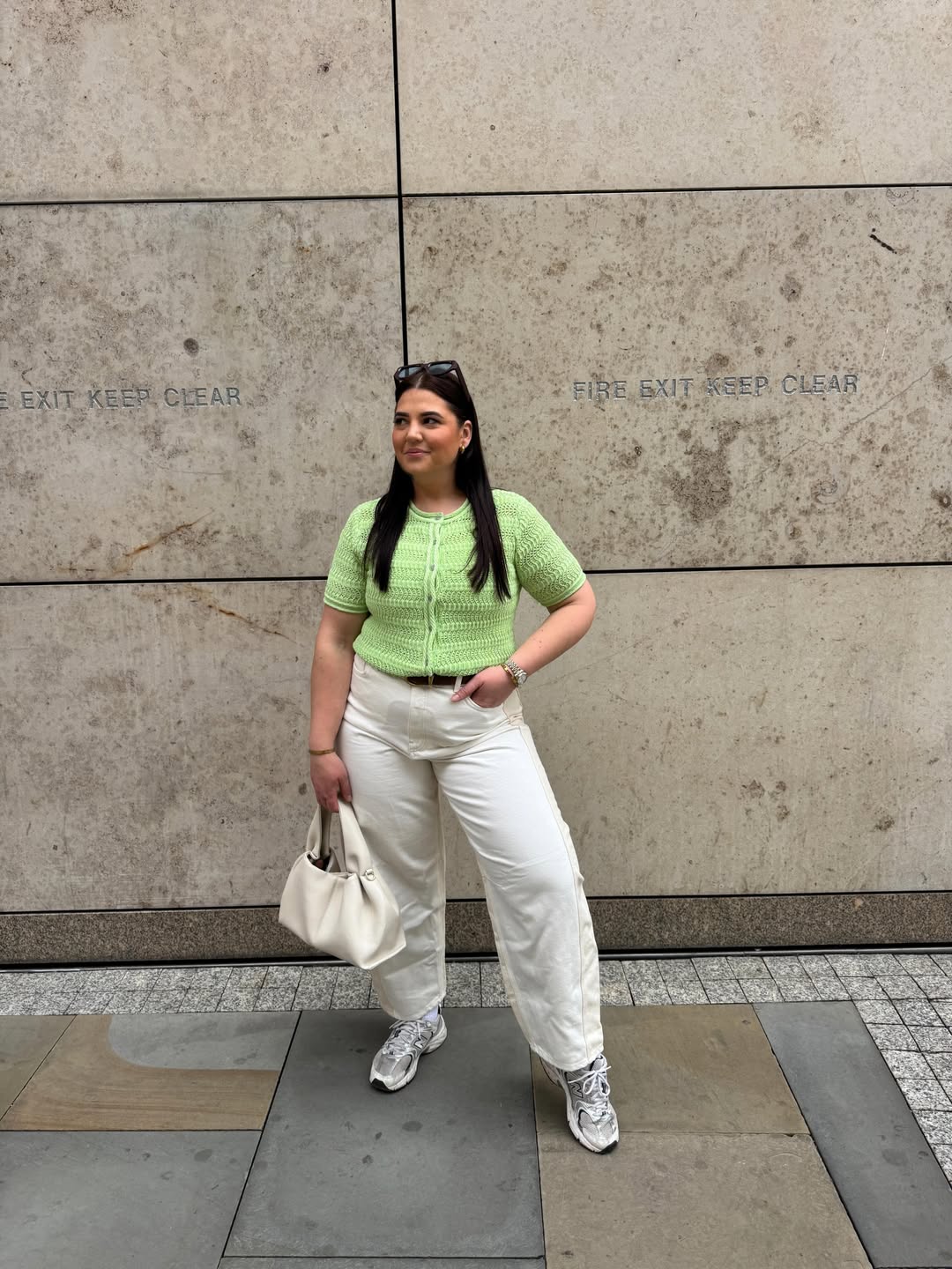 Lime Crochet Knit Top With White Wide Leg Jeans