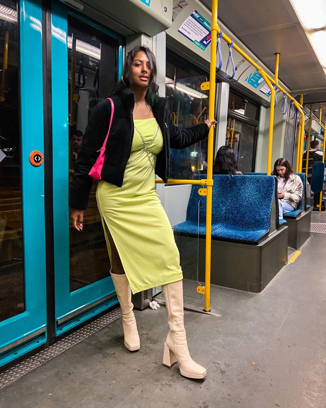 Lime Slip Dress With Cream Knee-High Boots