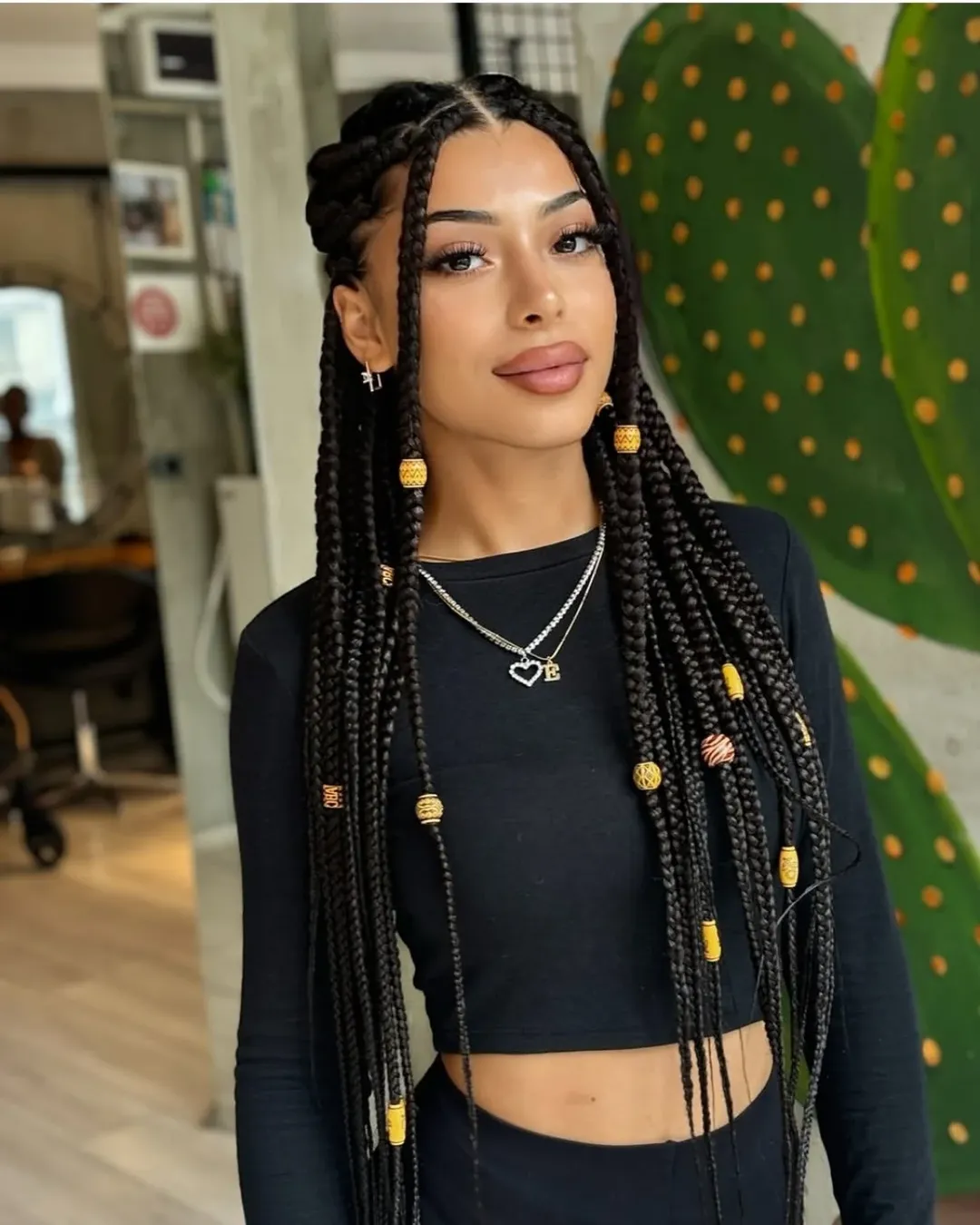 Long Box Braids With Gold Beads