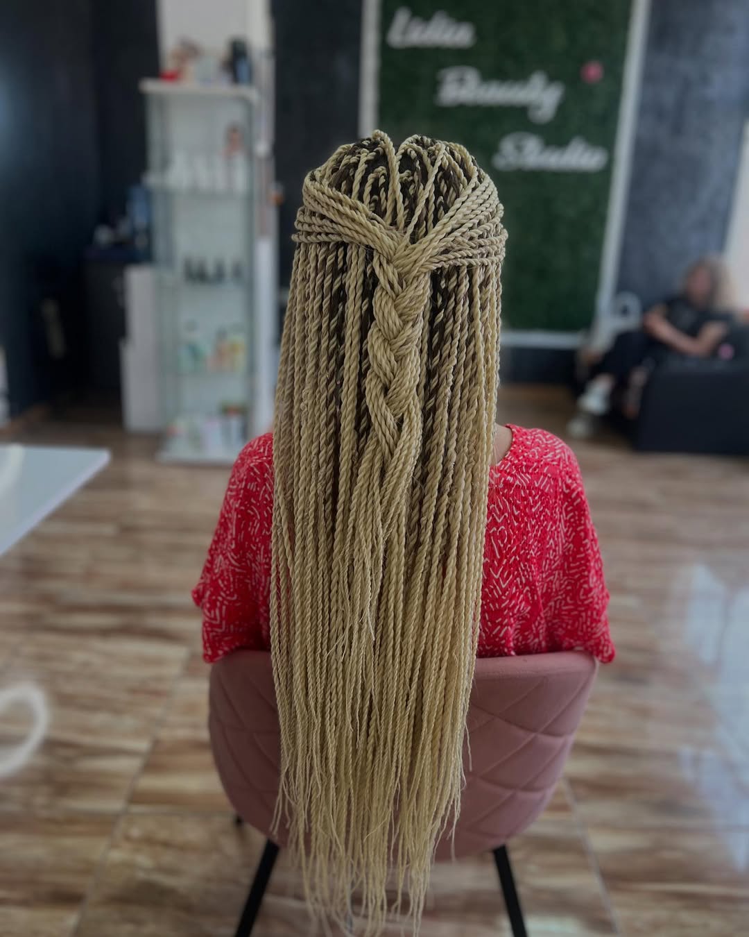 Long Caramel Blonde Micro Twists With Half-Up Braid