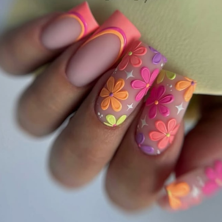 Matte Neon French Tips and 3D Floral Acrylic Nails