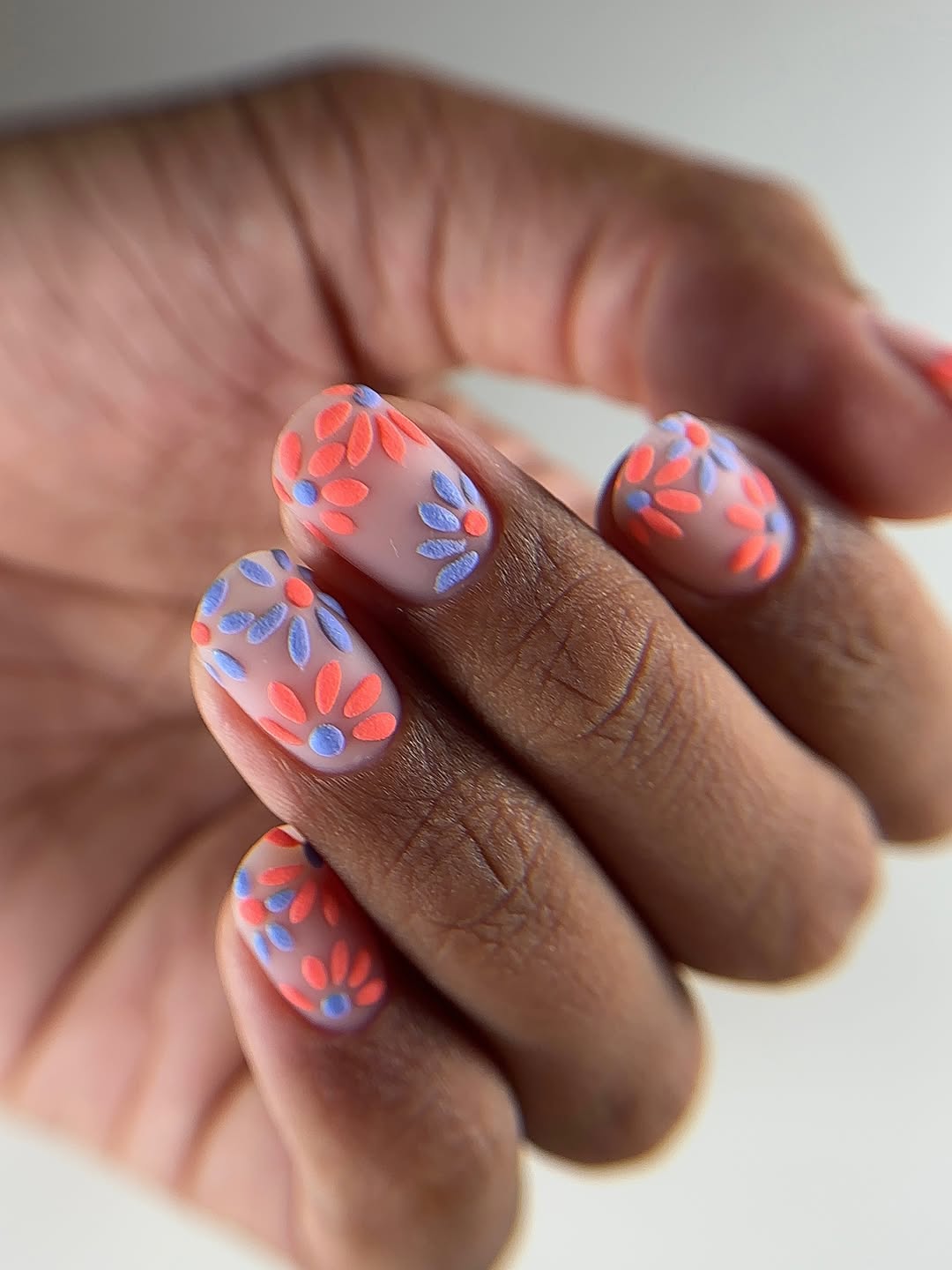 Matte Peach and Lavender Floral Daisy Nails