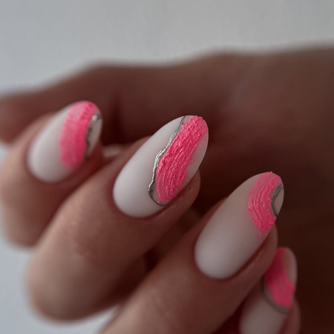 Matte White Abstract Neon Pink Silver Waves