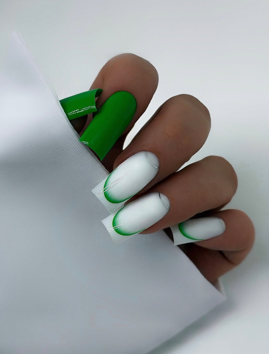 Matte White Green Aura Long Square Nails