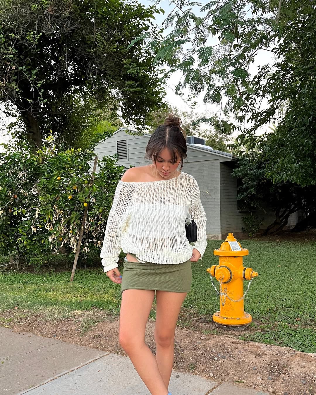 Mesh Knit Off-Shoulder Sweater with Mini Skirt