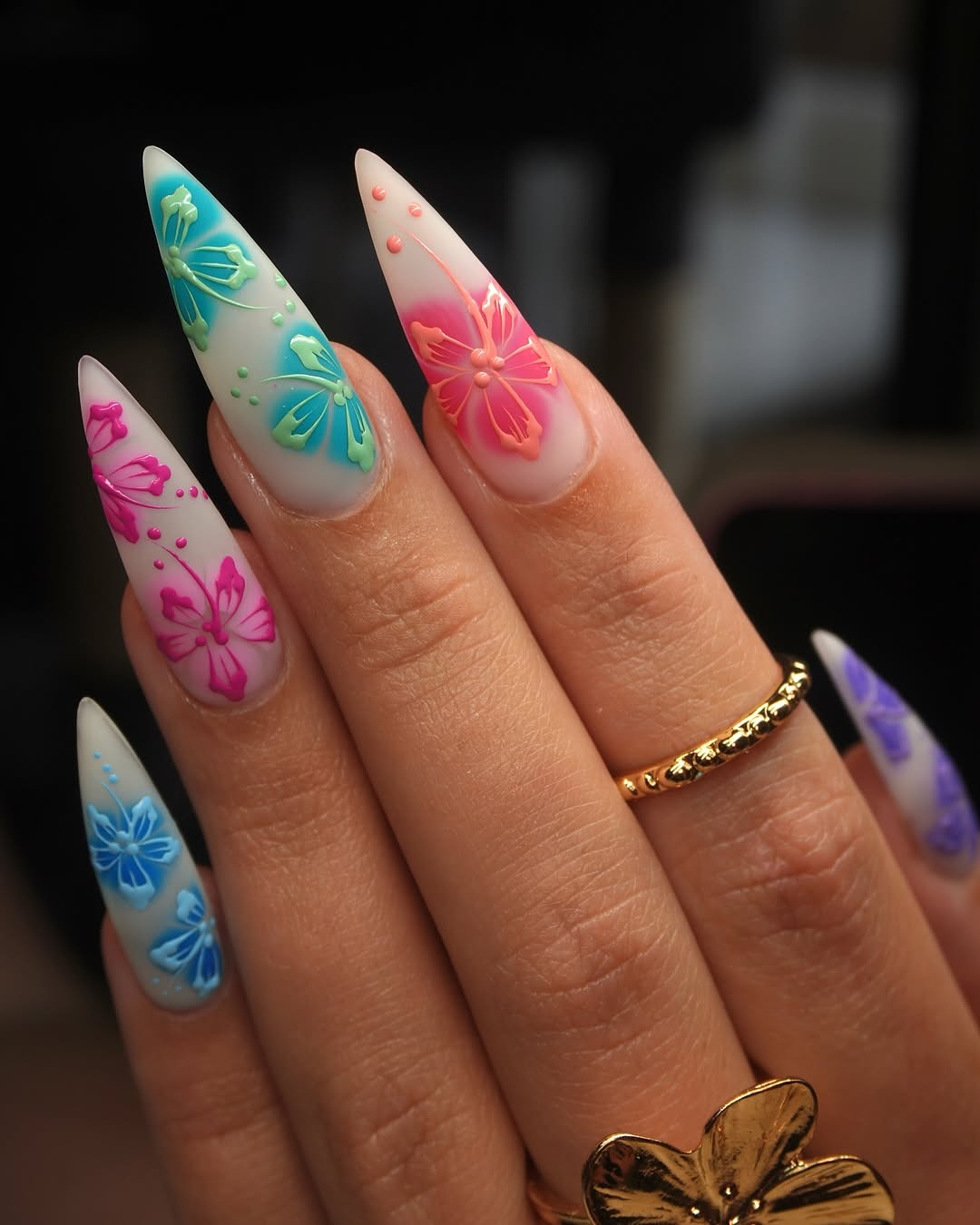 Milky White Stiletto Floral Aura Nails