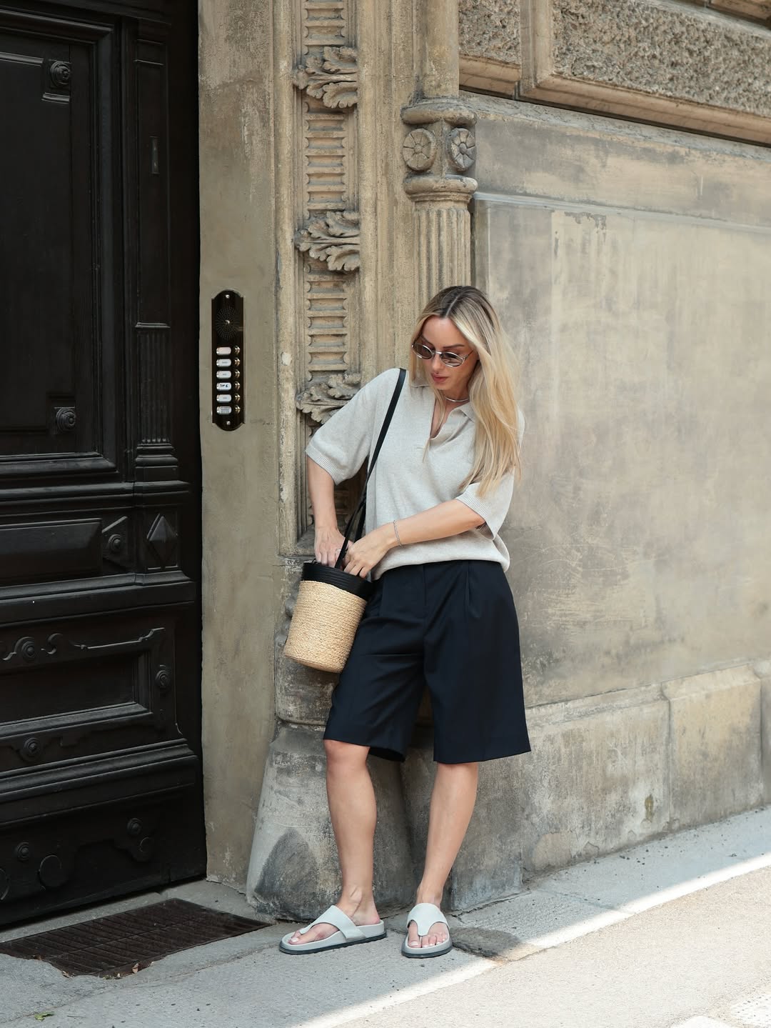Minimalist Beige Knit And Navy Bermuda Short Summer Outfit