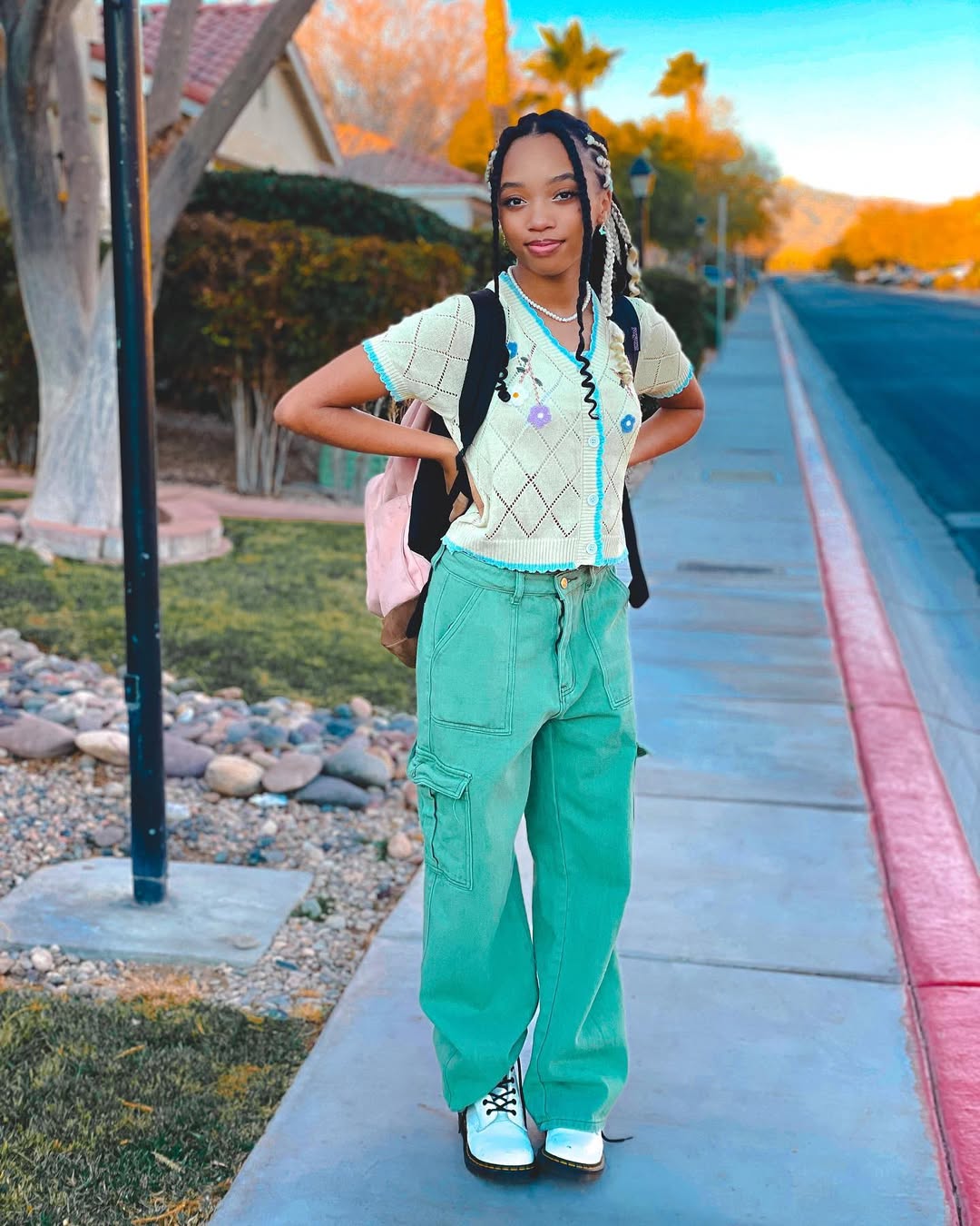 Mint Cargo Pants With Floral Knit Cardigan