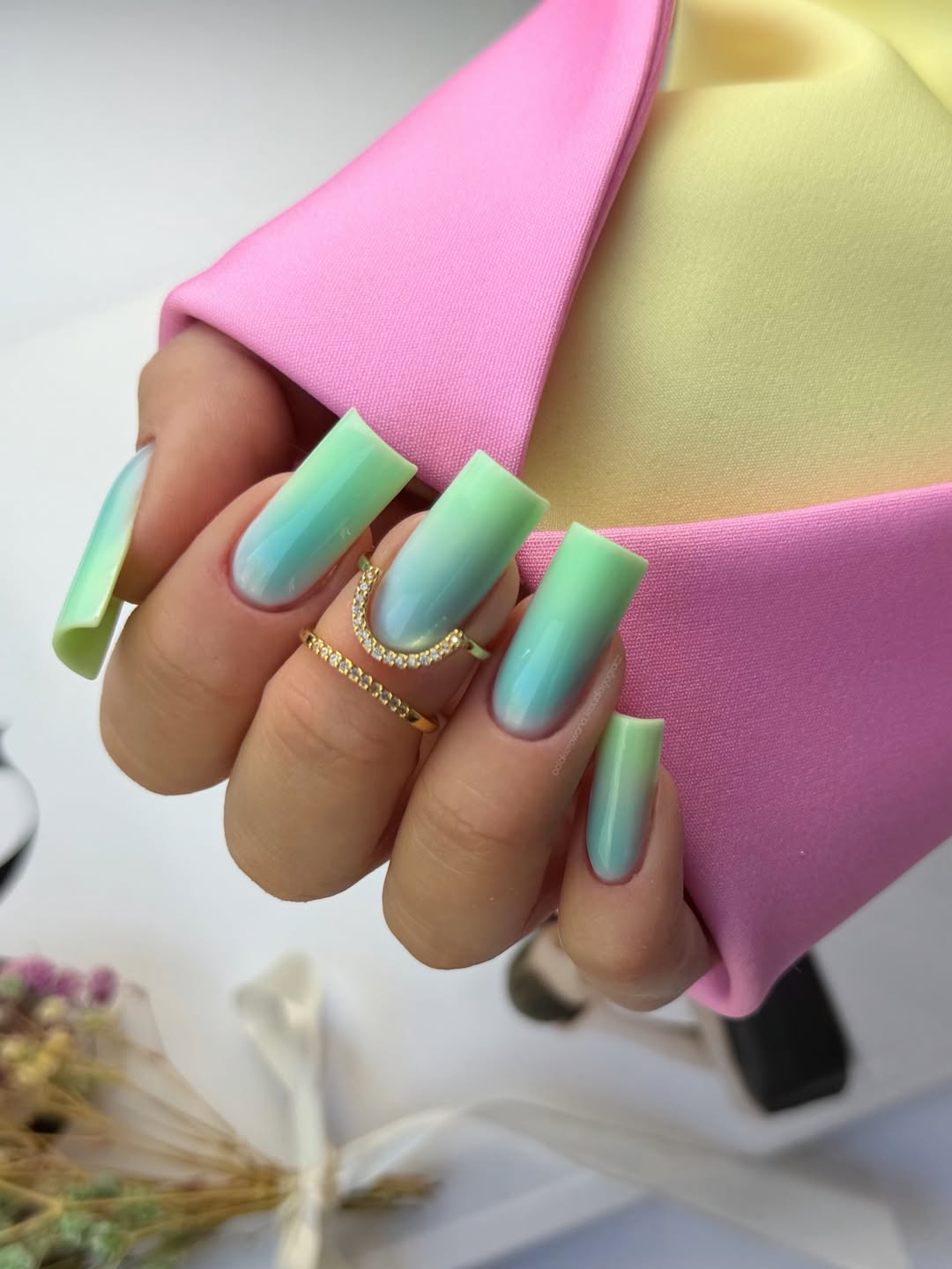 Mint Green and Sky Blue Ombre Square Nails