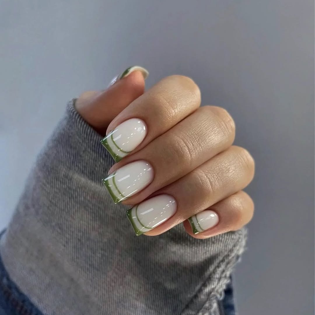 Modern Sage Green Double Line French Tips