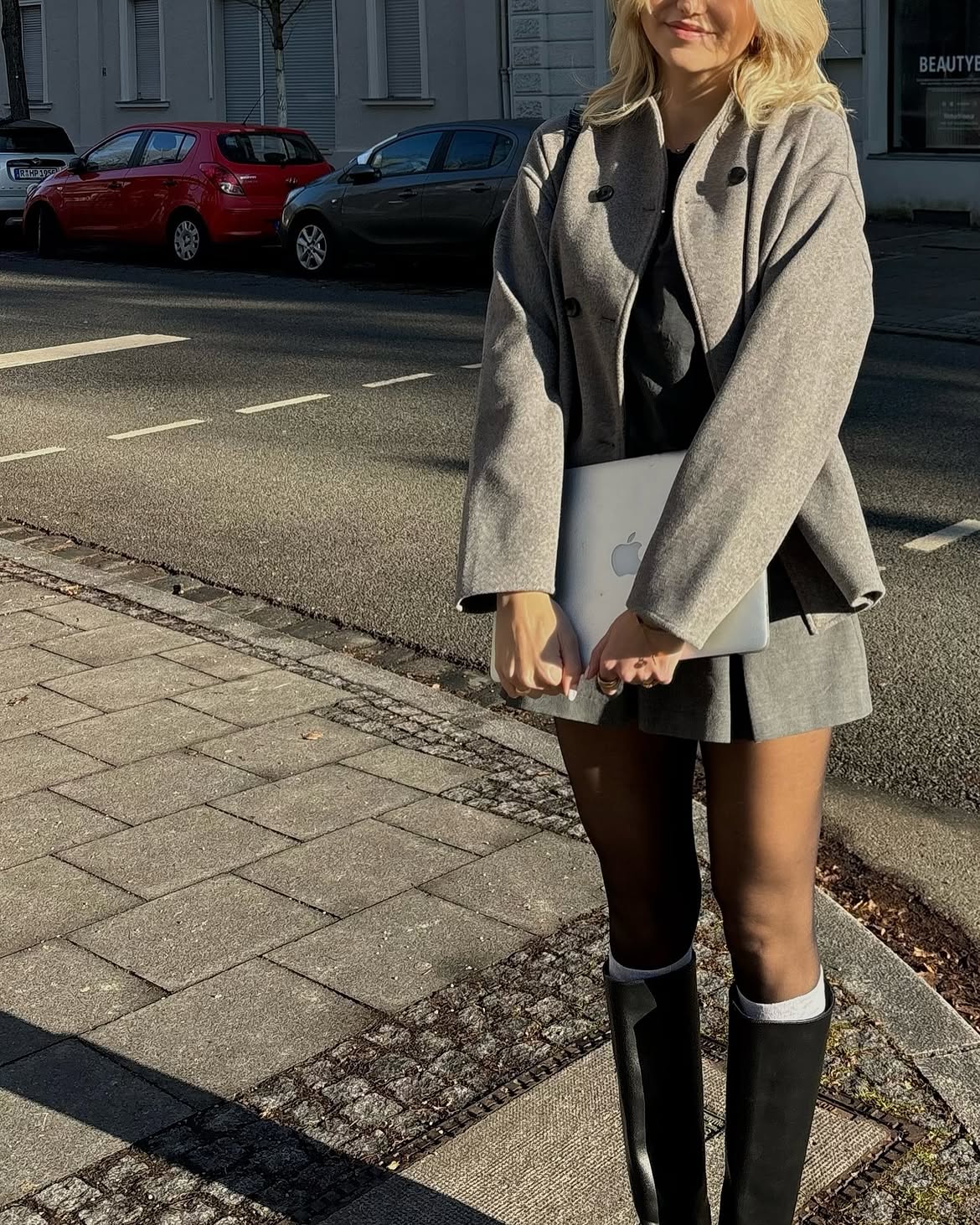 Monochromatic Grey Mini Skirt Set With Blazer