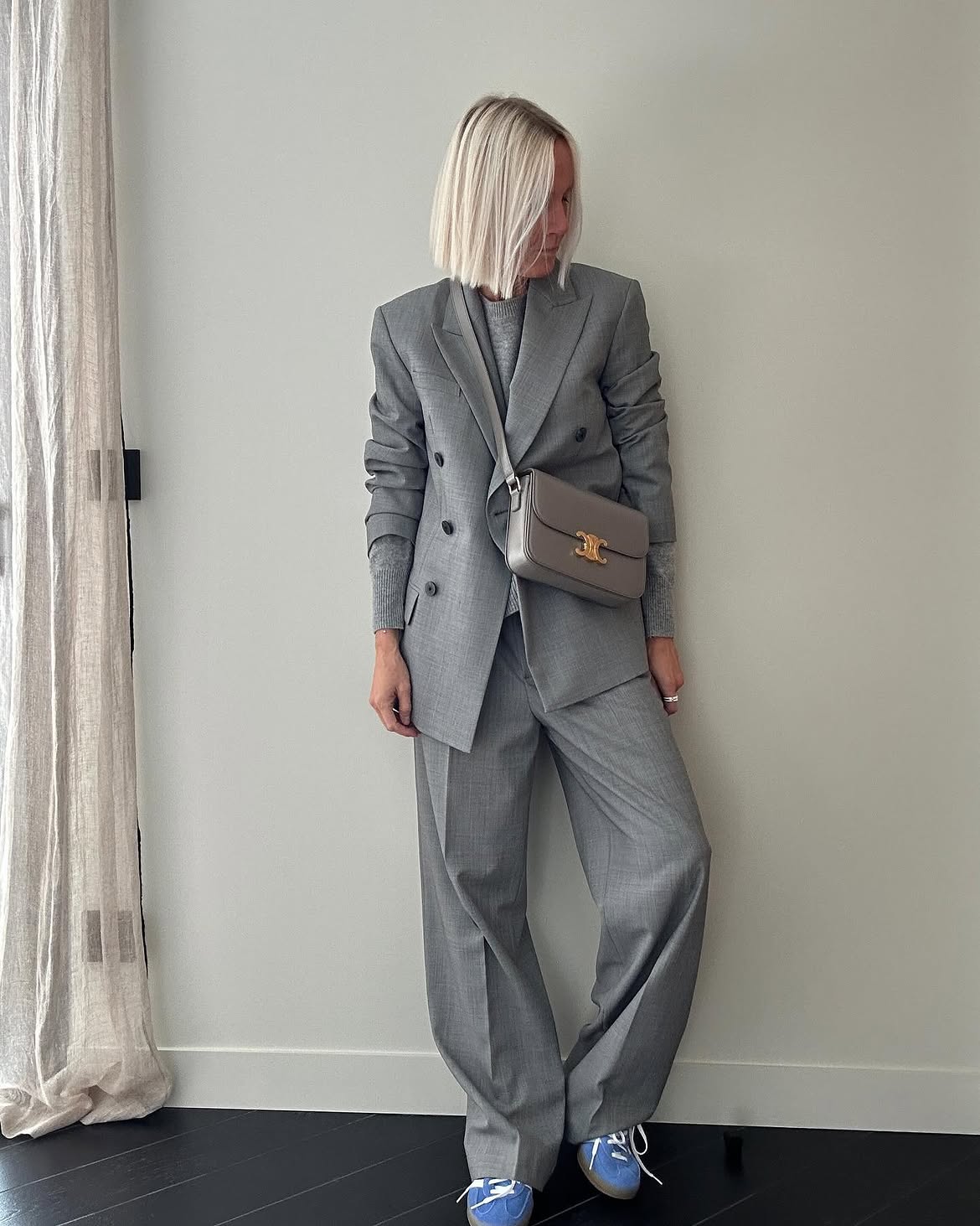 Monochrome Grey Suit With Pop Of Blue Sneakers