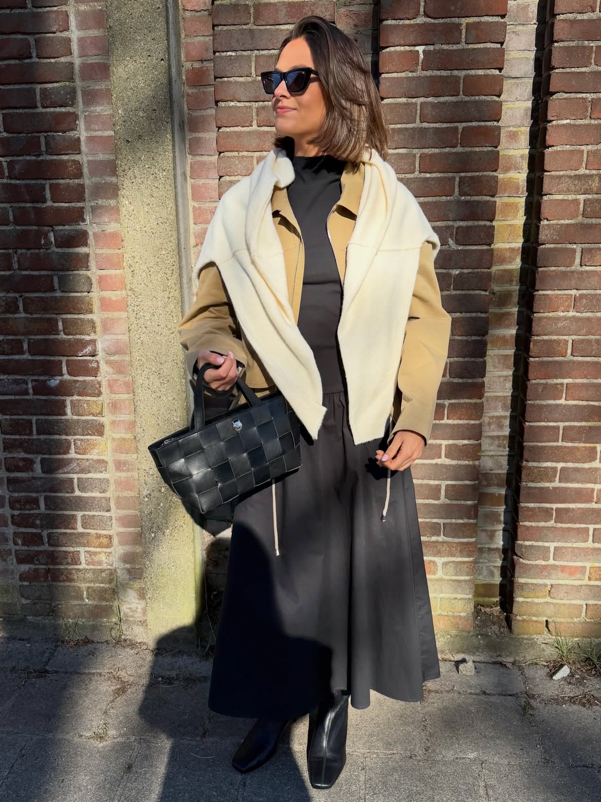 Monochrome Midi Dress With Contrasting Layers