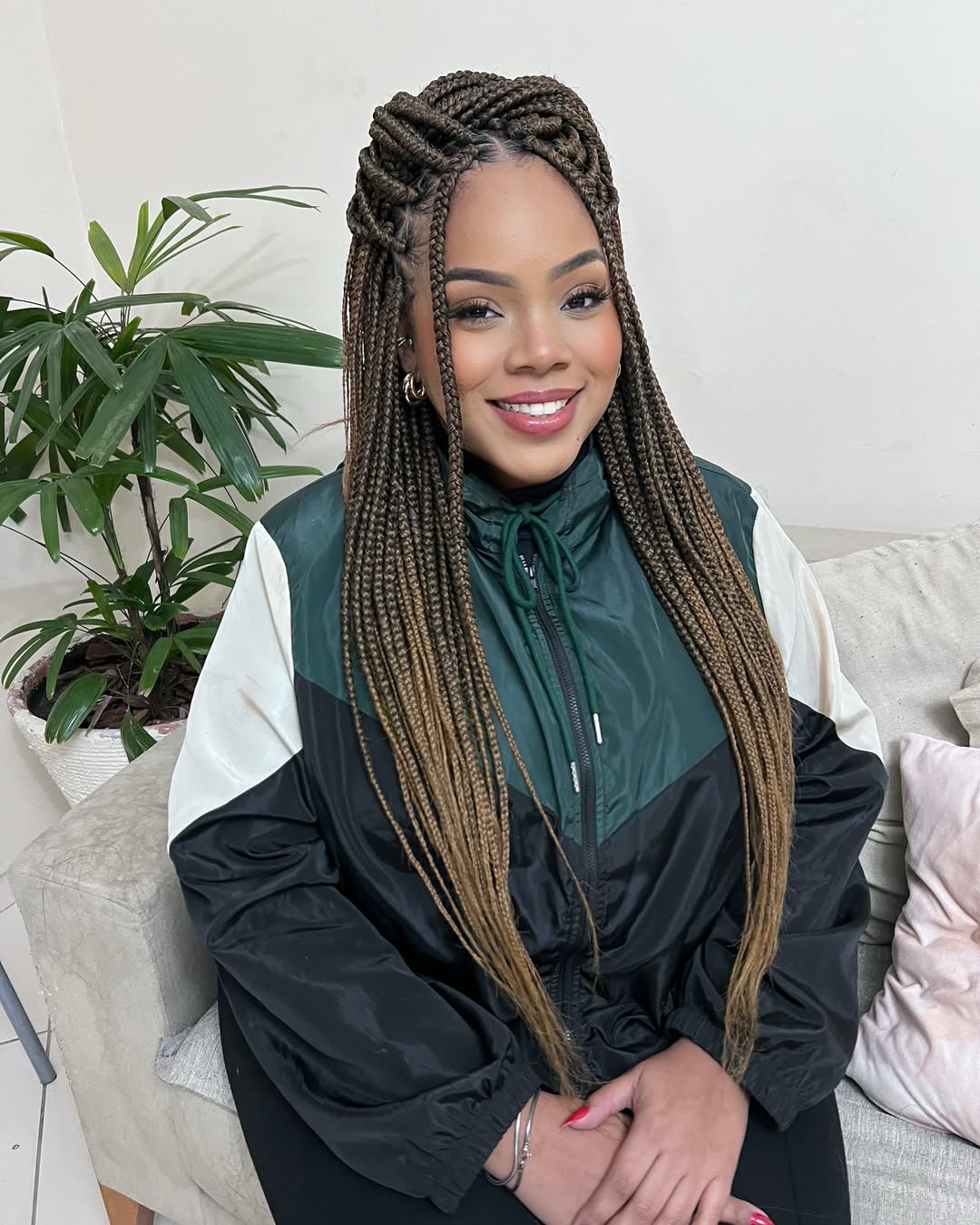 Multi-Tone Long Box Braids With Side Part