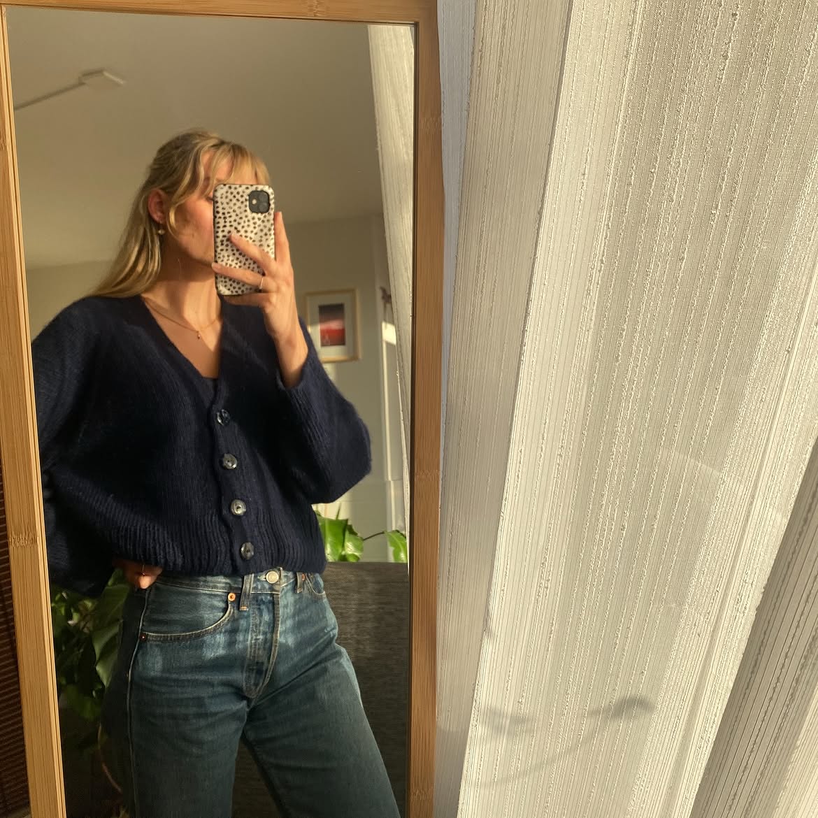 Navy Cardigan With Vintage Wash Denim Casual Cool