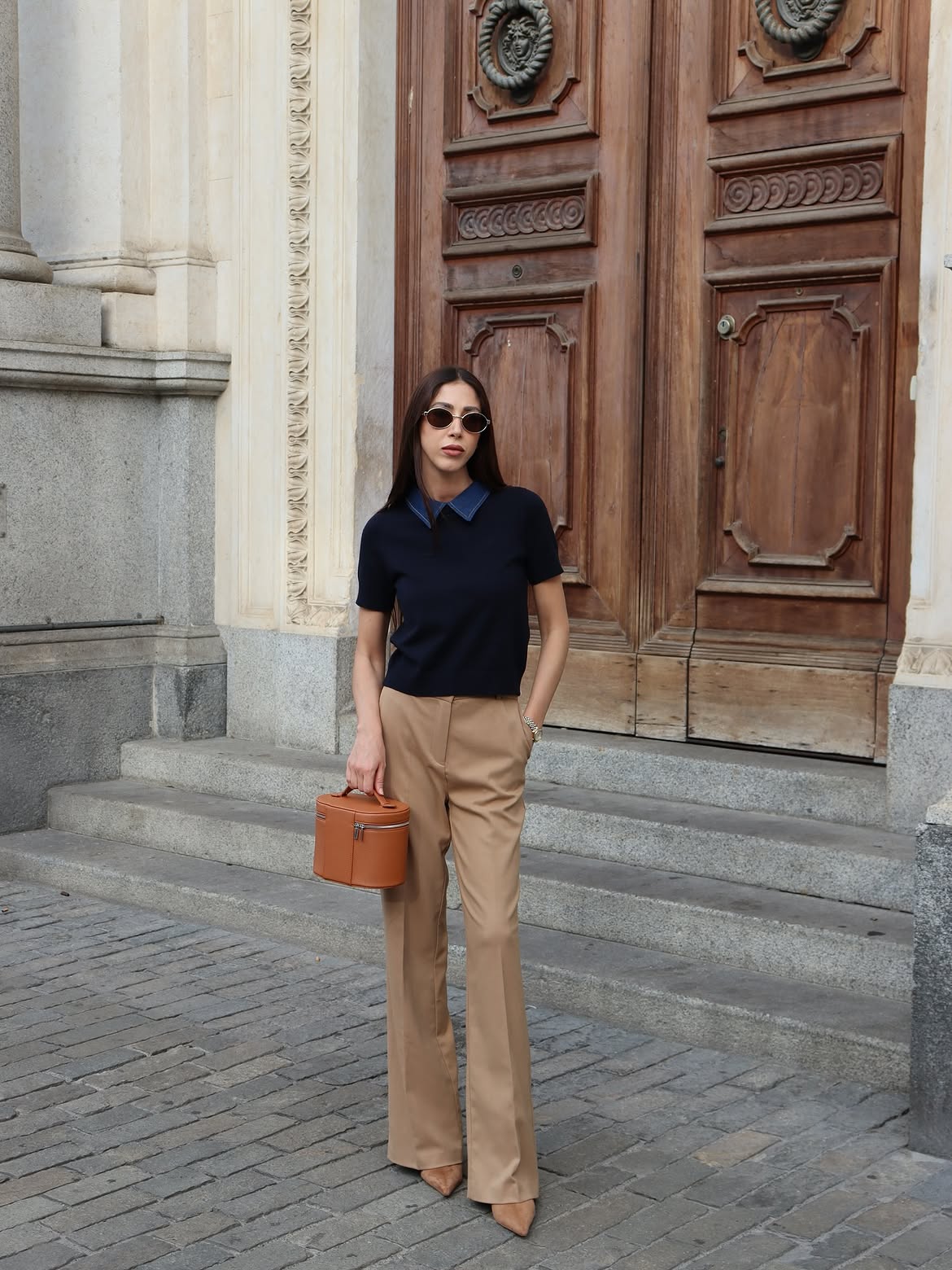 Navy Knit Polo With Denim Collar and Tan Trousers