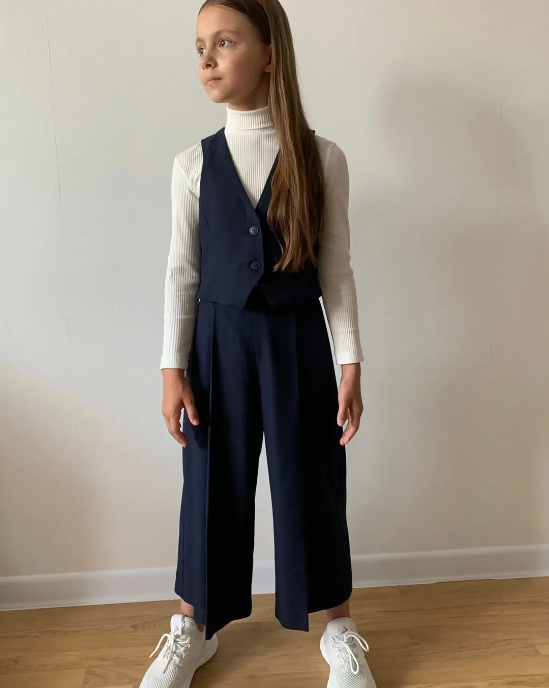Navy Vest And Culottes Back To School Look