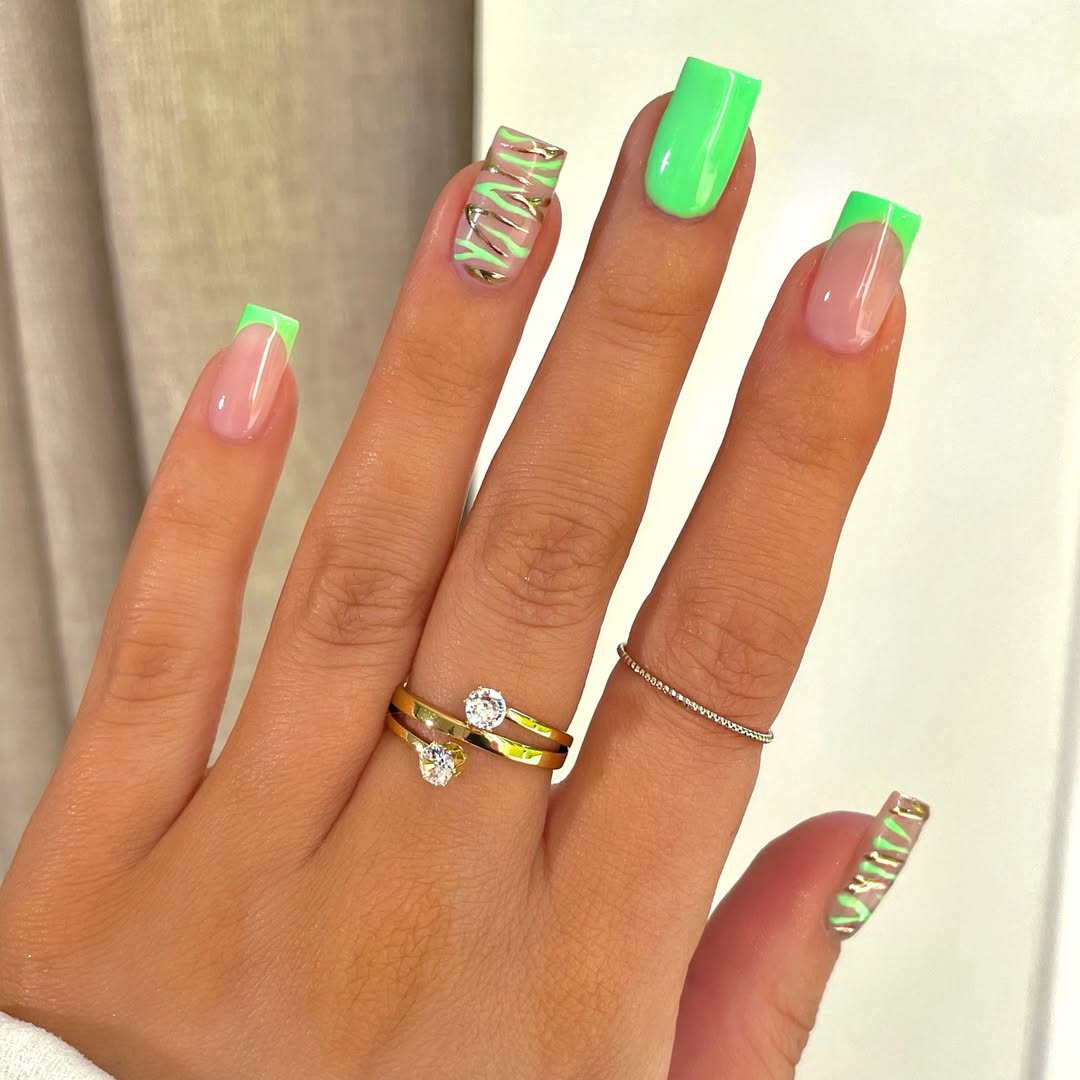 Neon Lime French Tips with Abstract Swirls