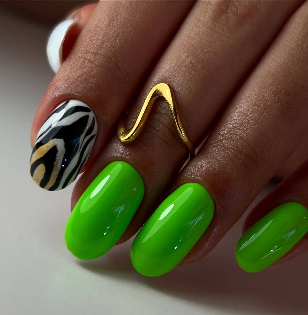 Neon Lime Glossy Oval Nails with Zebra Accent