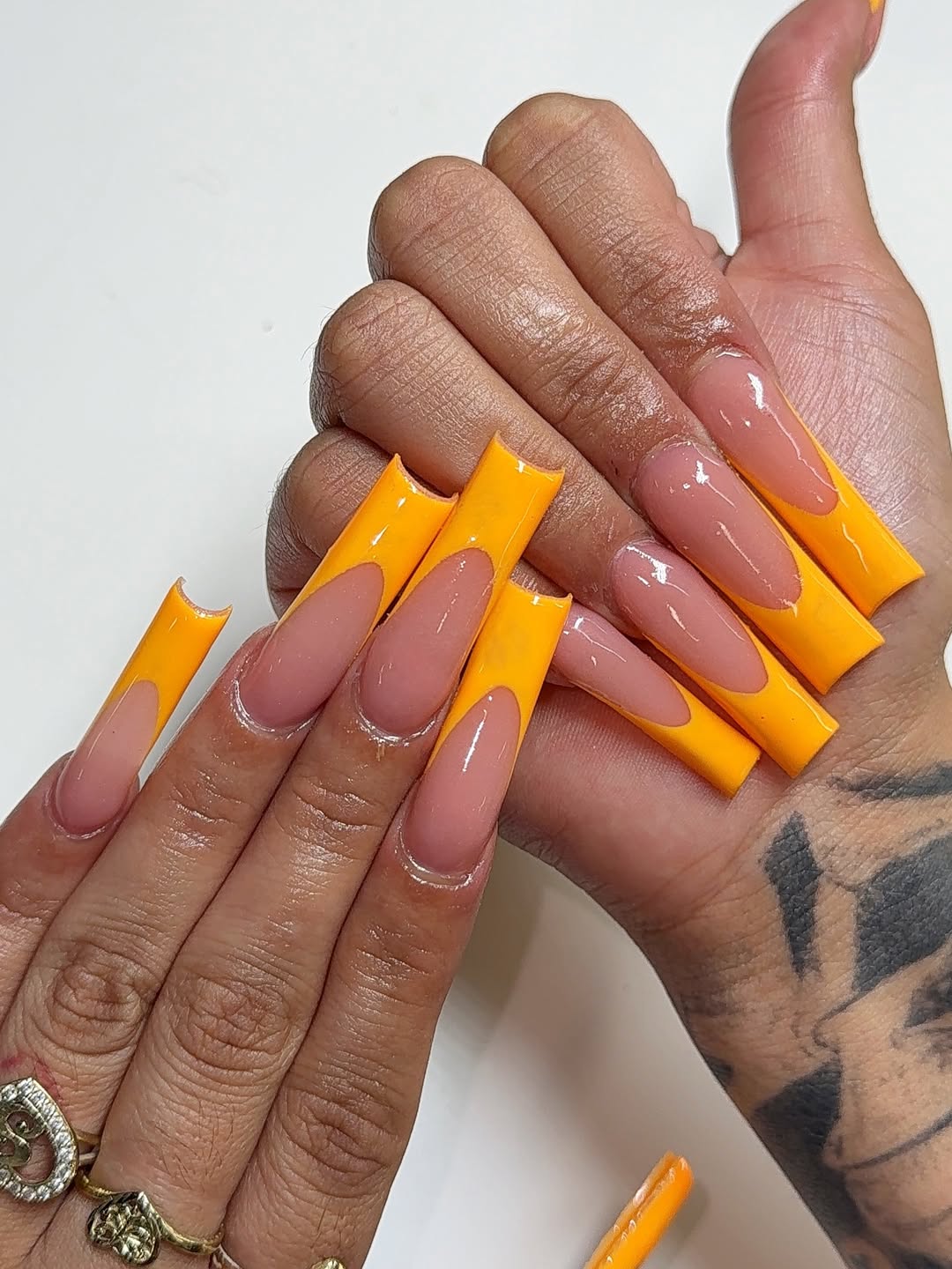 Neon Orange Glossy Extra Long Square French Tips