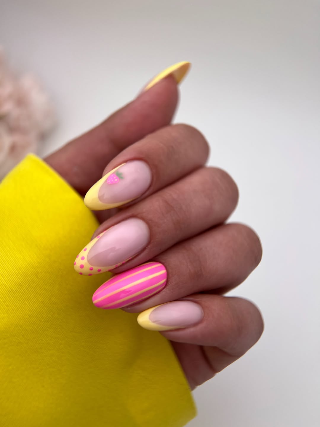 Neon Pink and Yellow Striped French Tips