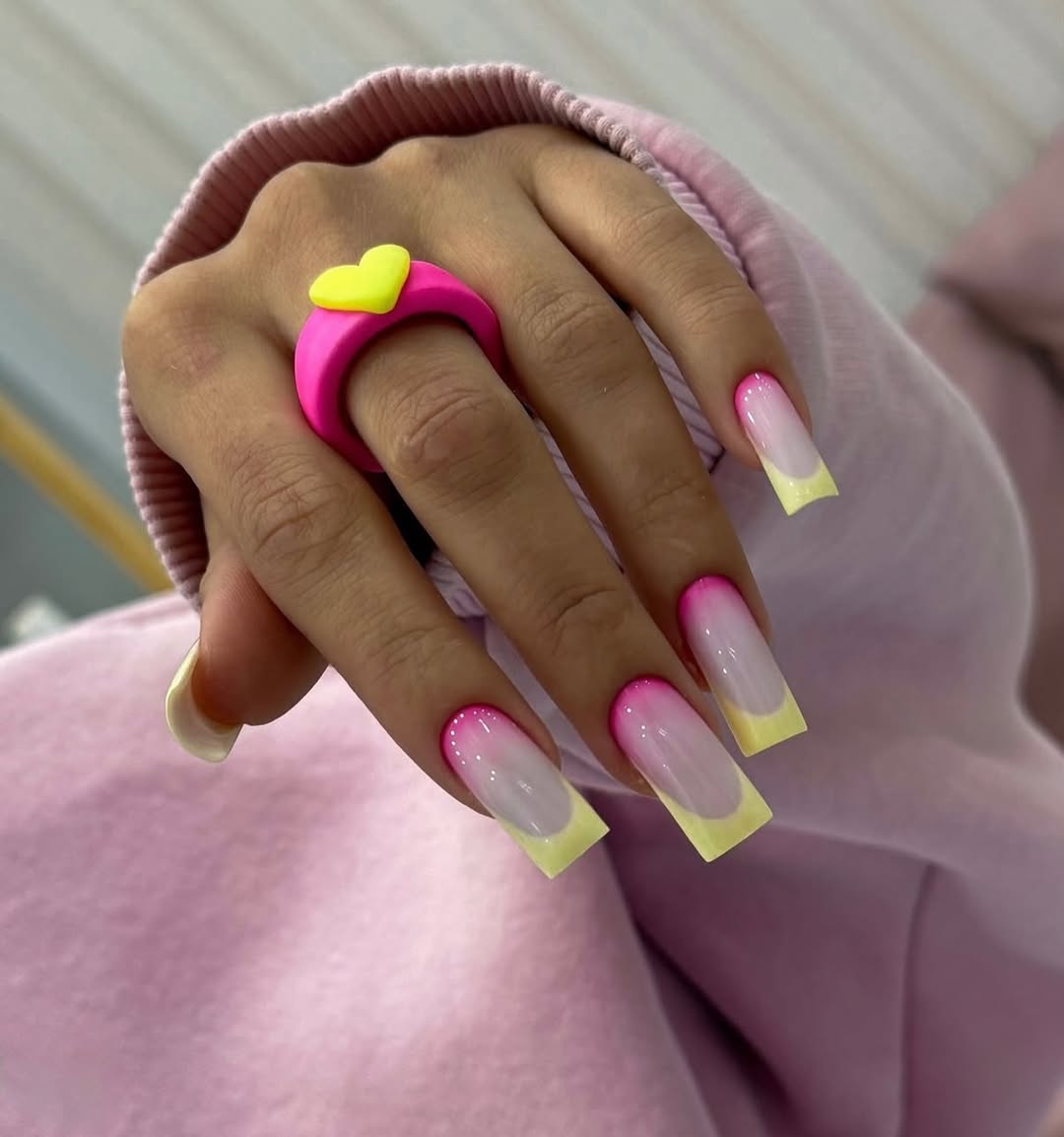 Neon Pink Base Yellow French Tip Ombré Nails