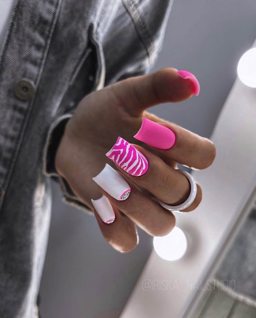 Neon Pink Zebra Print Matte Square Nails with Bling