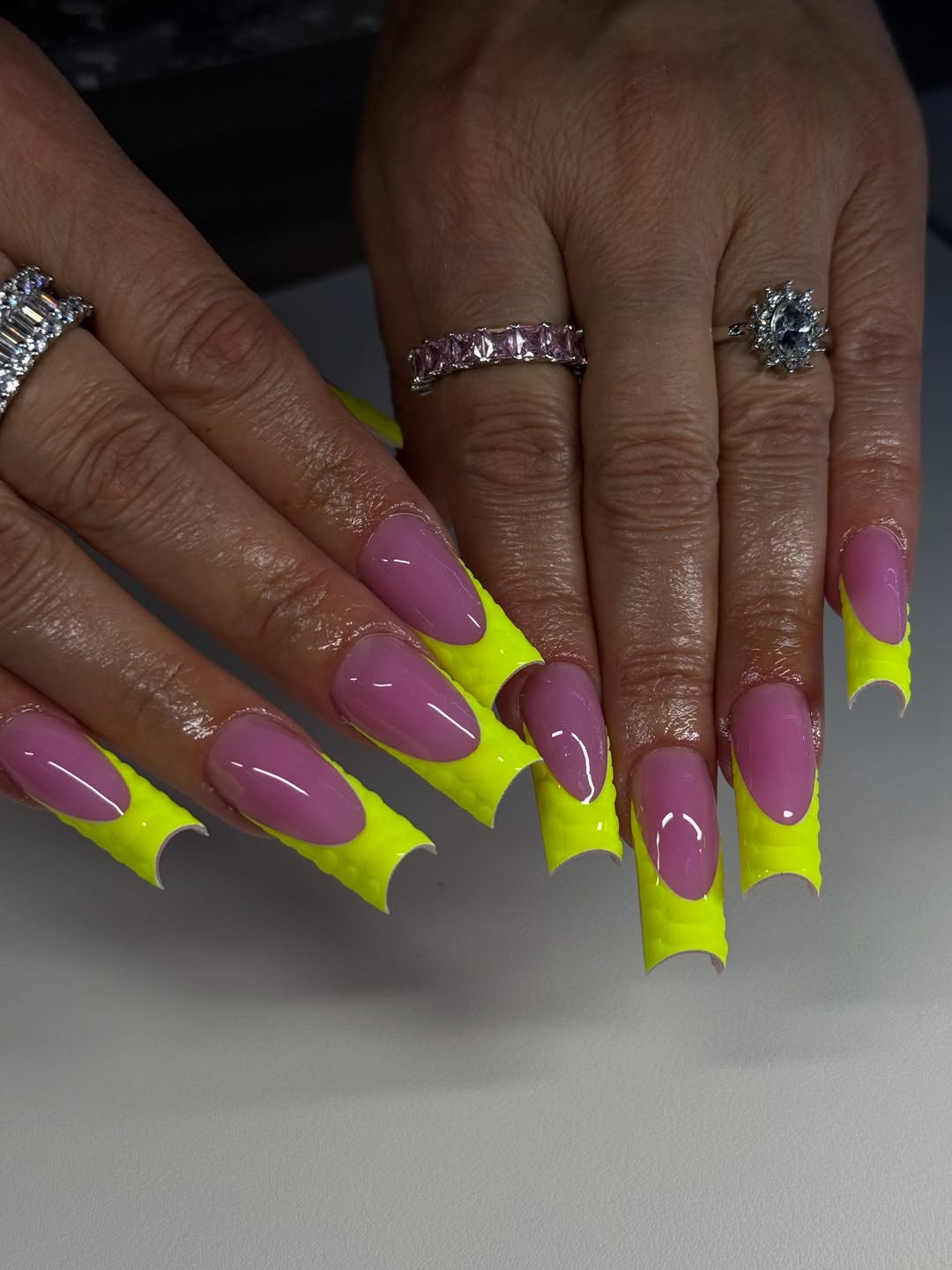 Neon Yellow French With Pink Reptile Tips