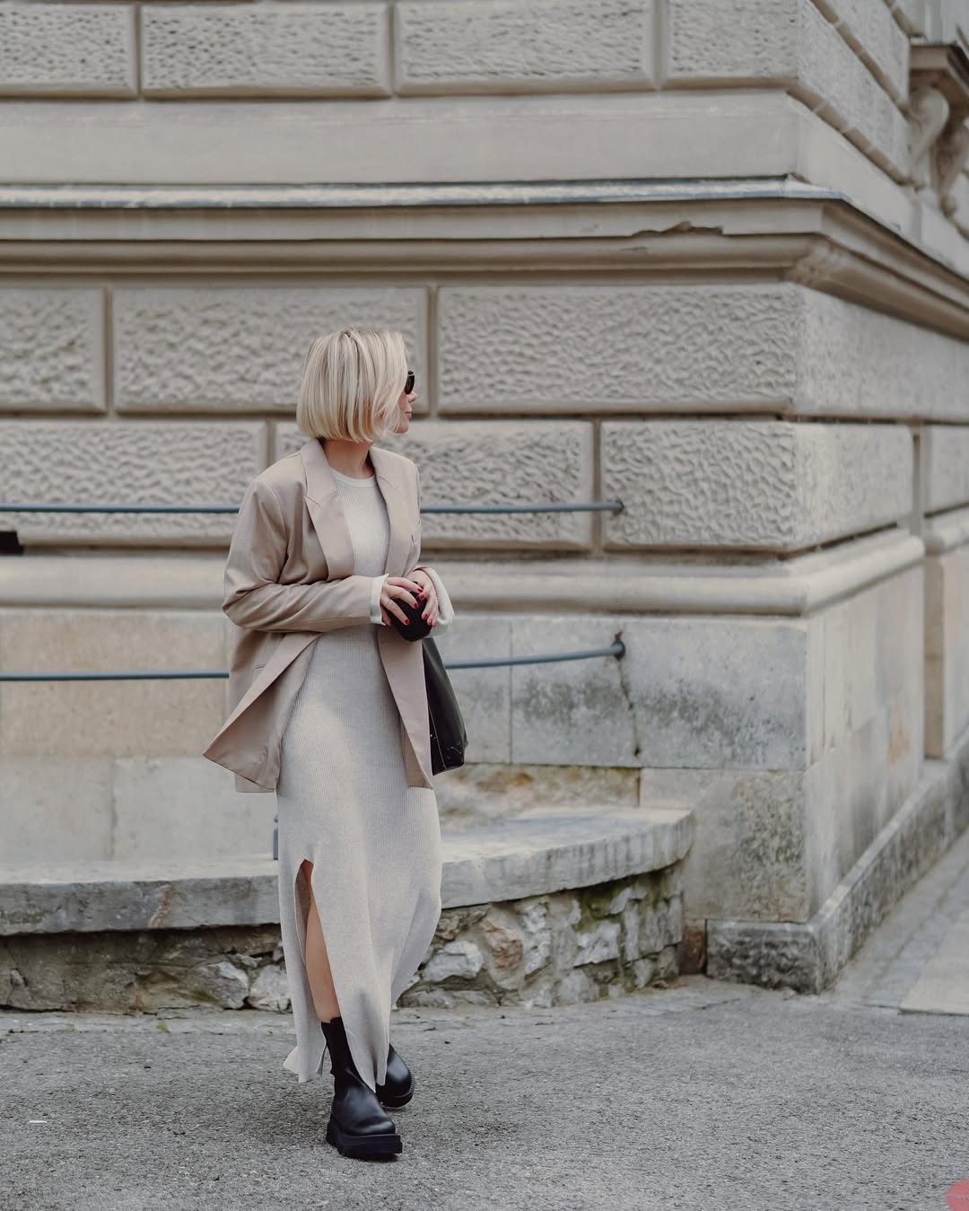 Neutral Knit Dress With Oversized Blazer And Boots