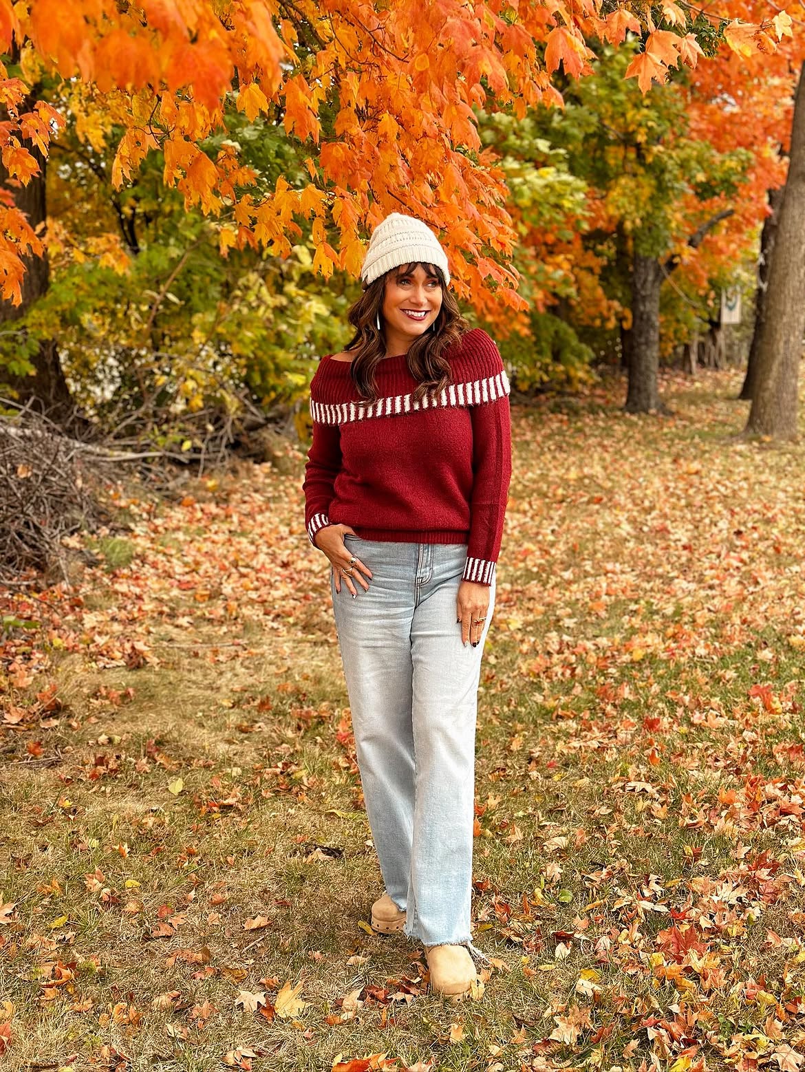 Off-Shoulder Burgundy Sweater With Light Wash Jeans