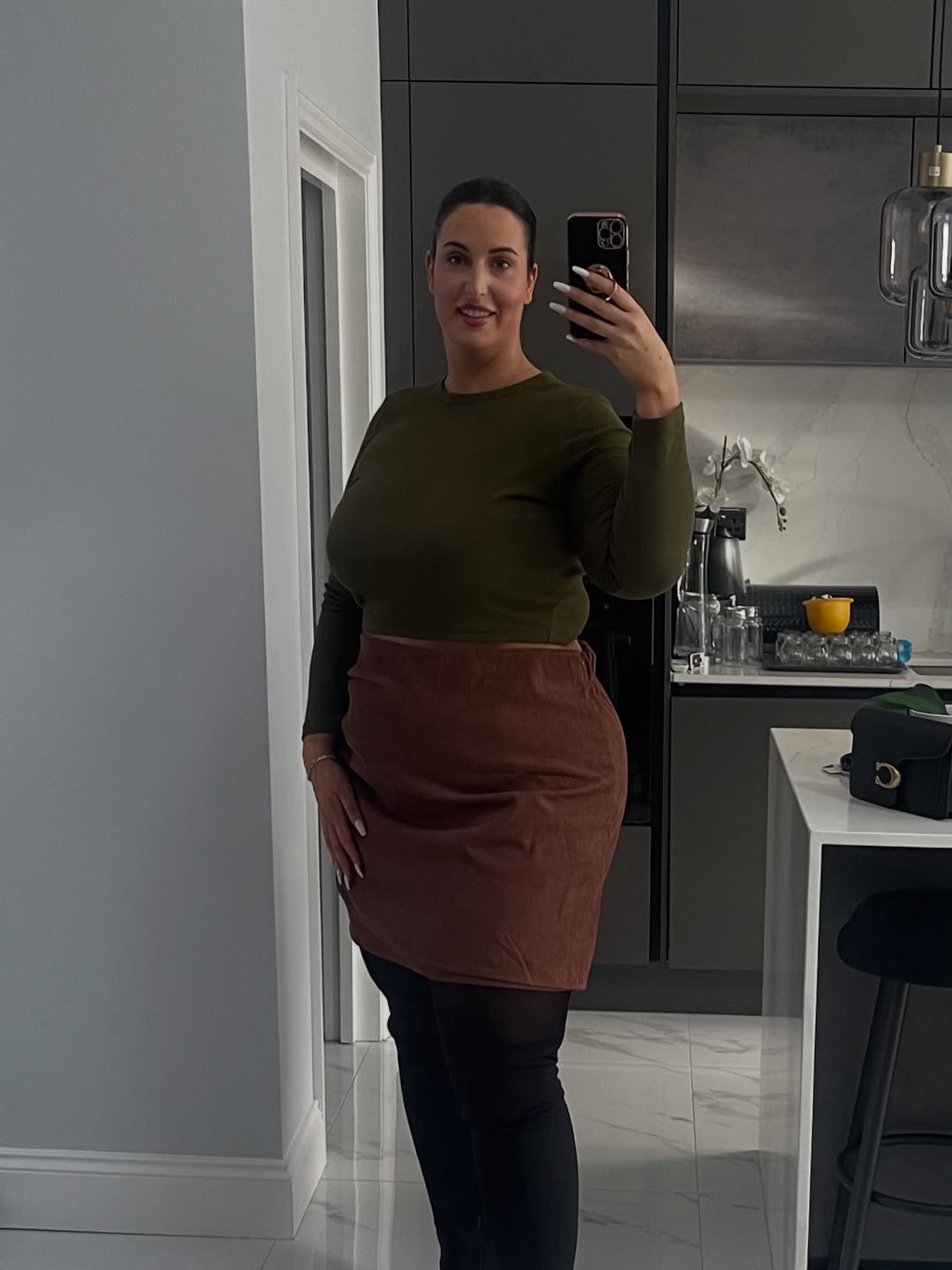 Olive Cropped Top With Brown Mini Skirt Outfit