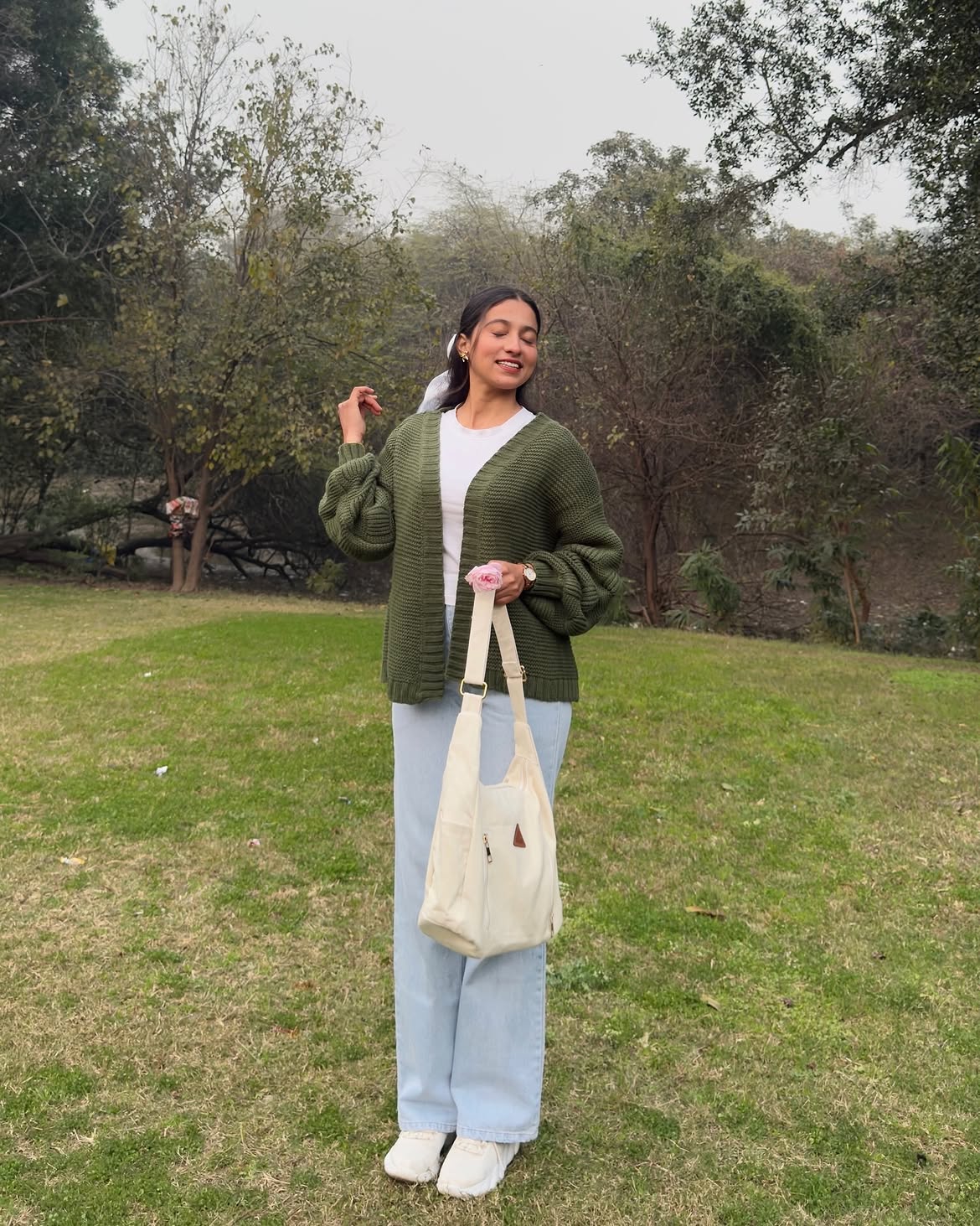 Olive Green Cardigan With Light Wash Denim