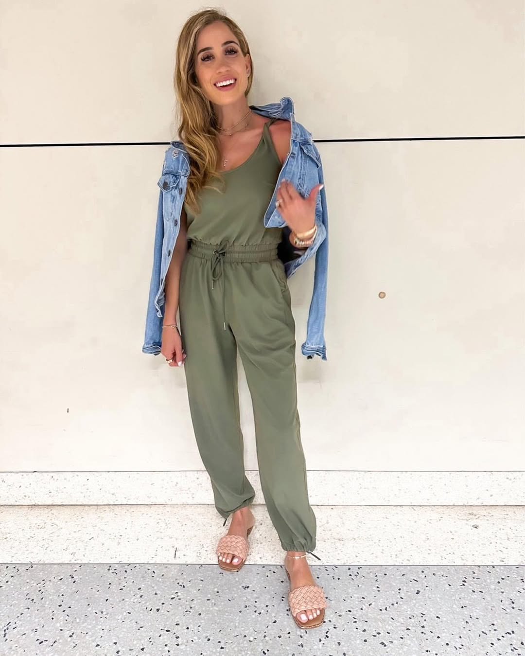 Olive Jumpsuit with Denim Jacket Street Style