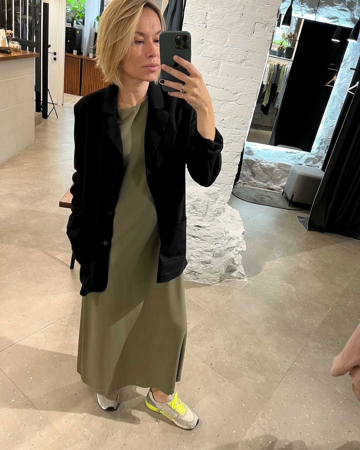 Olive Midi Dress With Oversized Black Blazer And Sneakers