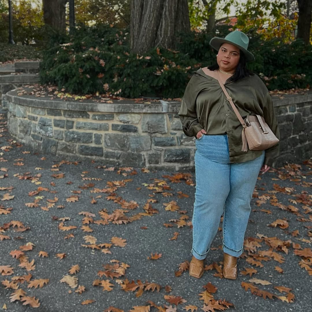 Olive Satin Shirt With Light Wash Jeans