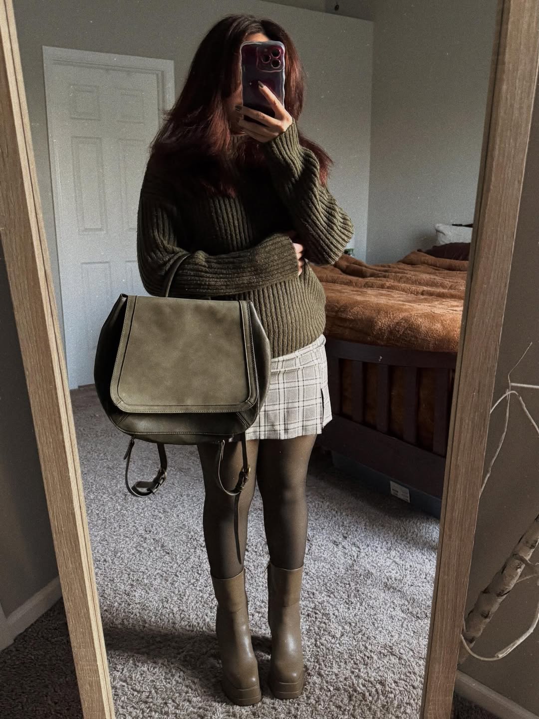 Olive Sweater Plaid Skirt And Platform Boots