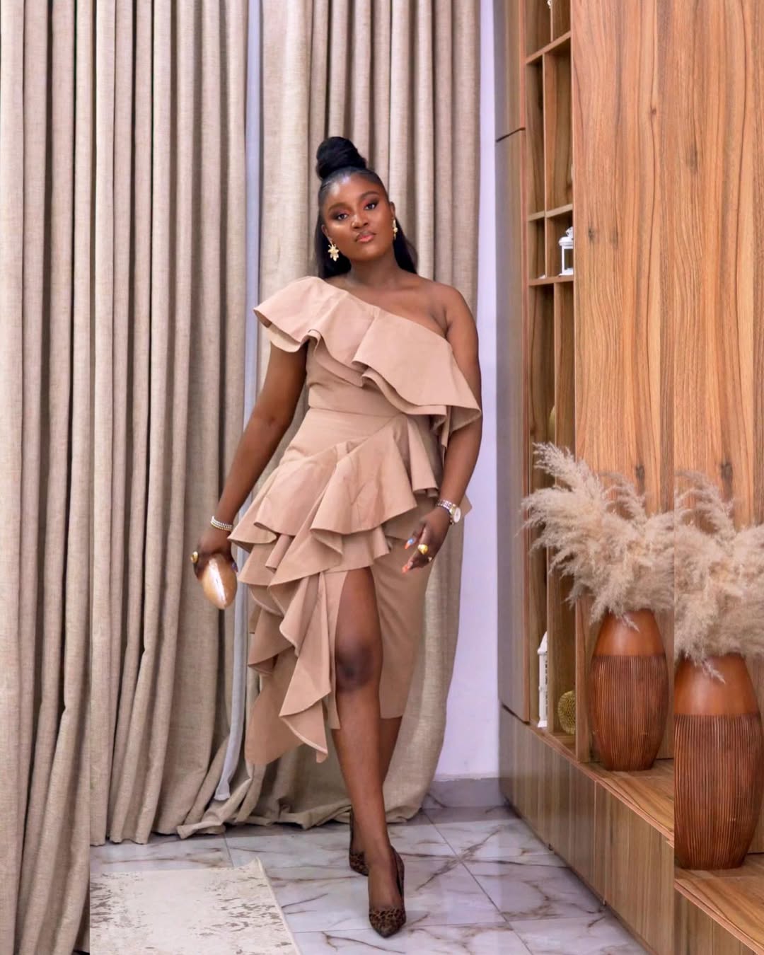 One-Shoulder Ruffle Midi Dress with Leopard Heels