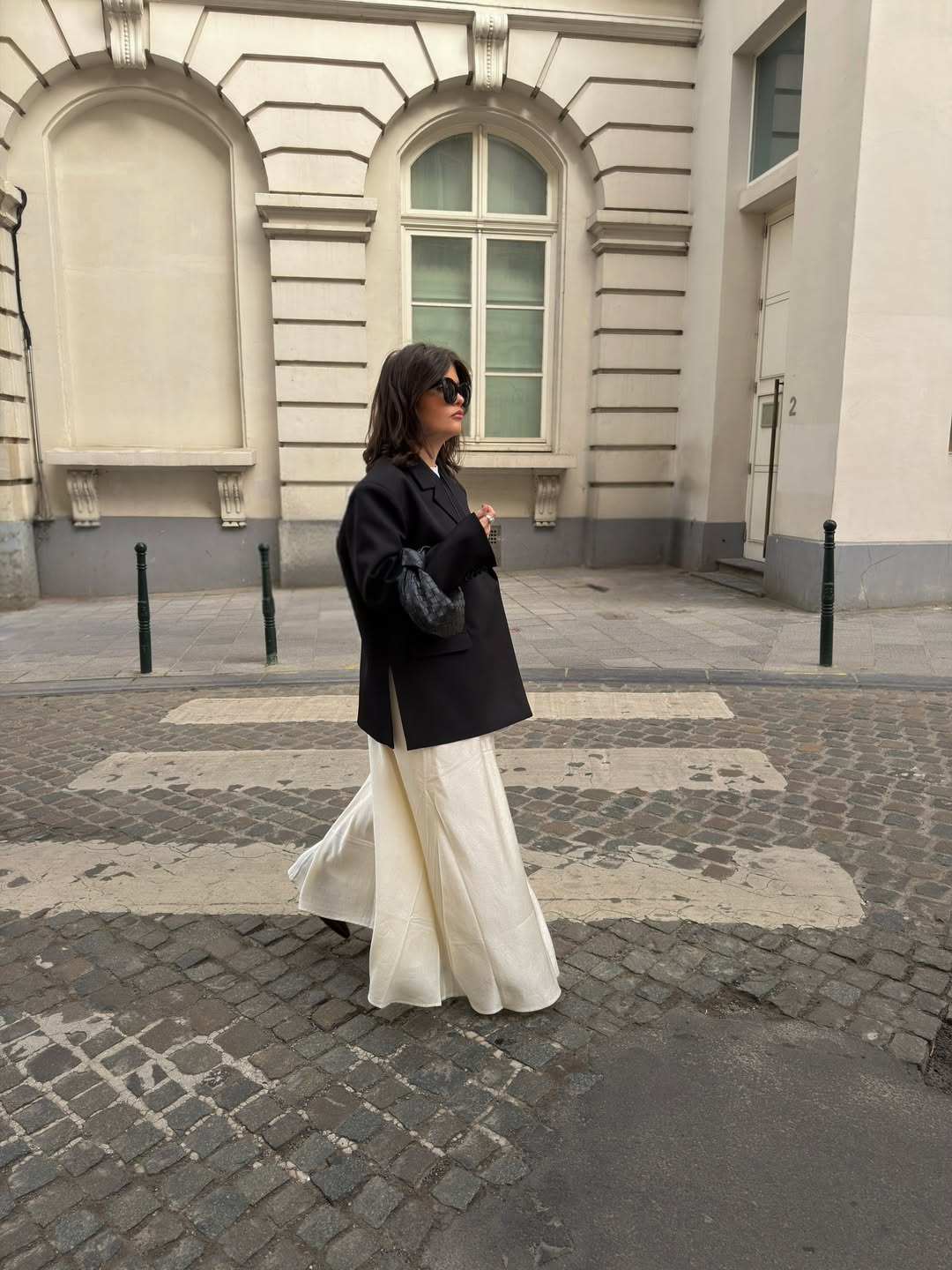 Oversized Black Blazer Over Flowy Cream Trousers