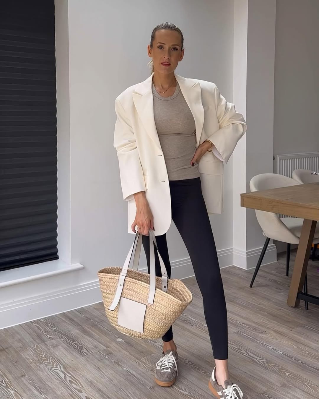 Oversized Blazer With Black Leggings And Sneakers