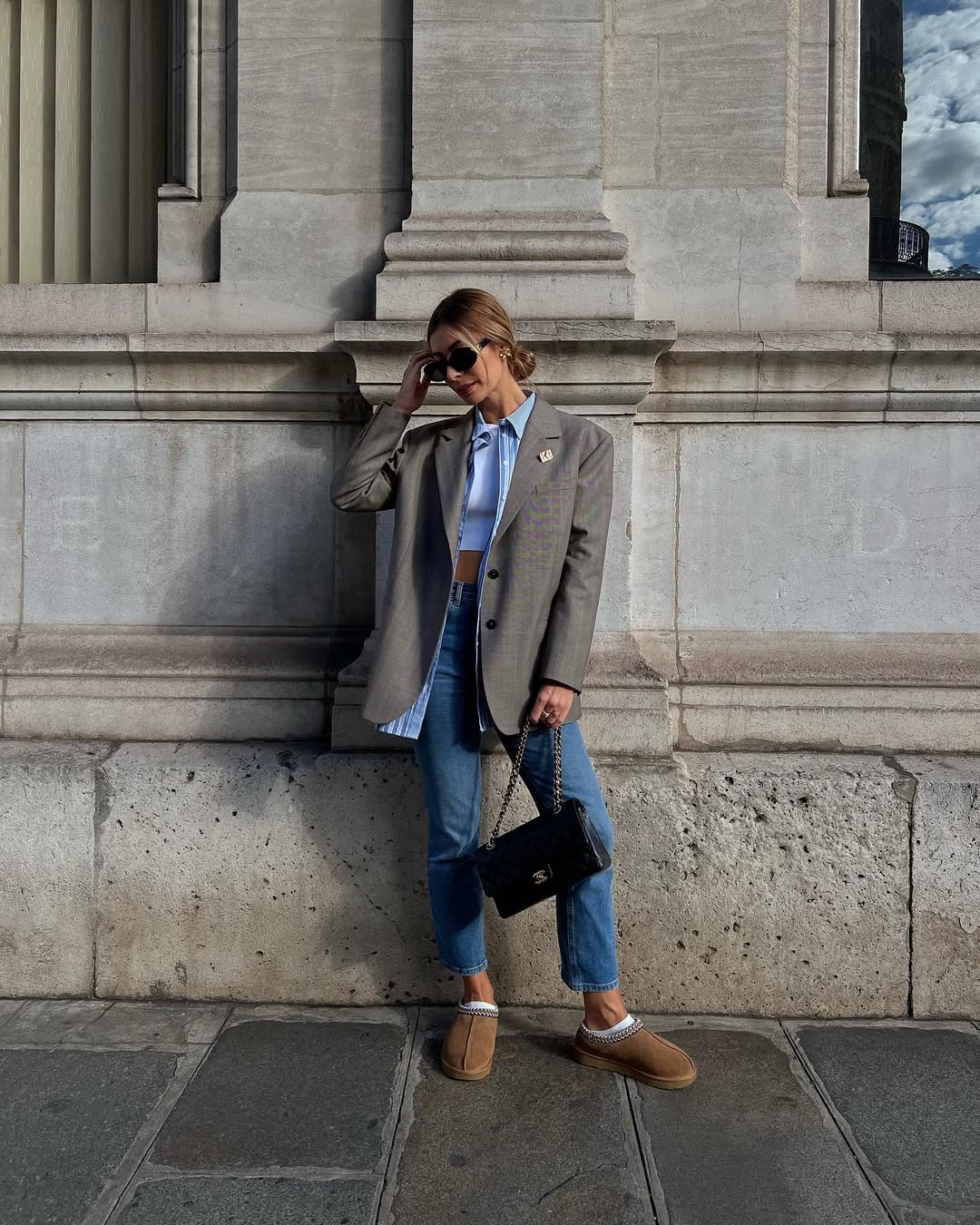 Oversized Blazer With Cropped Top And Straight Leg Jeans