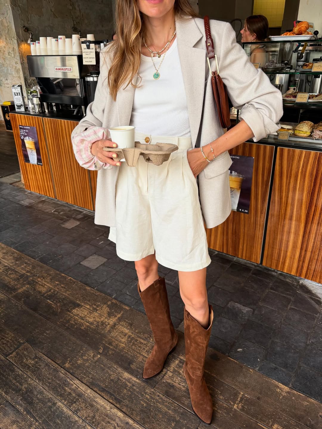 Oversized Blazer with Linen Shorts and Boots