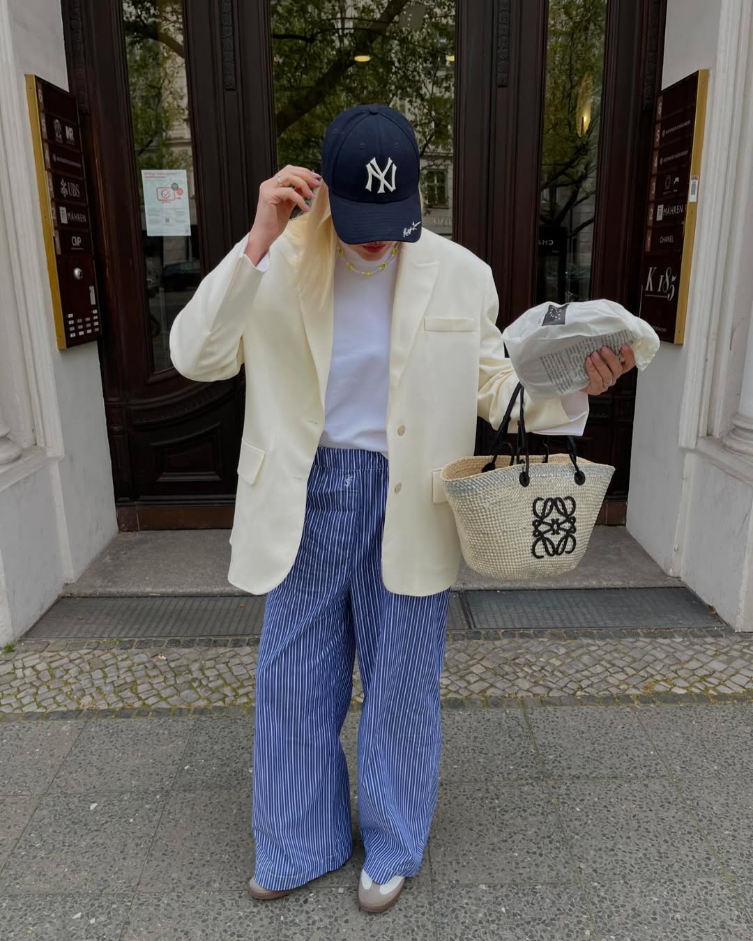 Oversized Cream Blazer With Blue Stripe Wide Leg Trousers