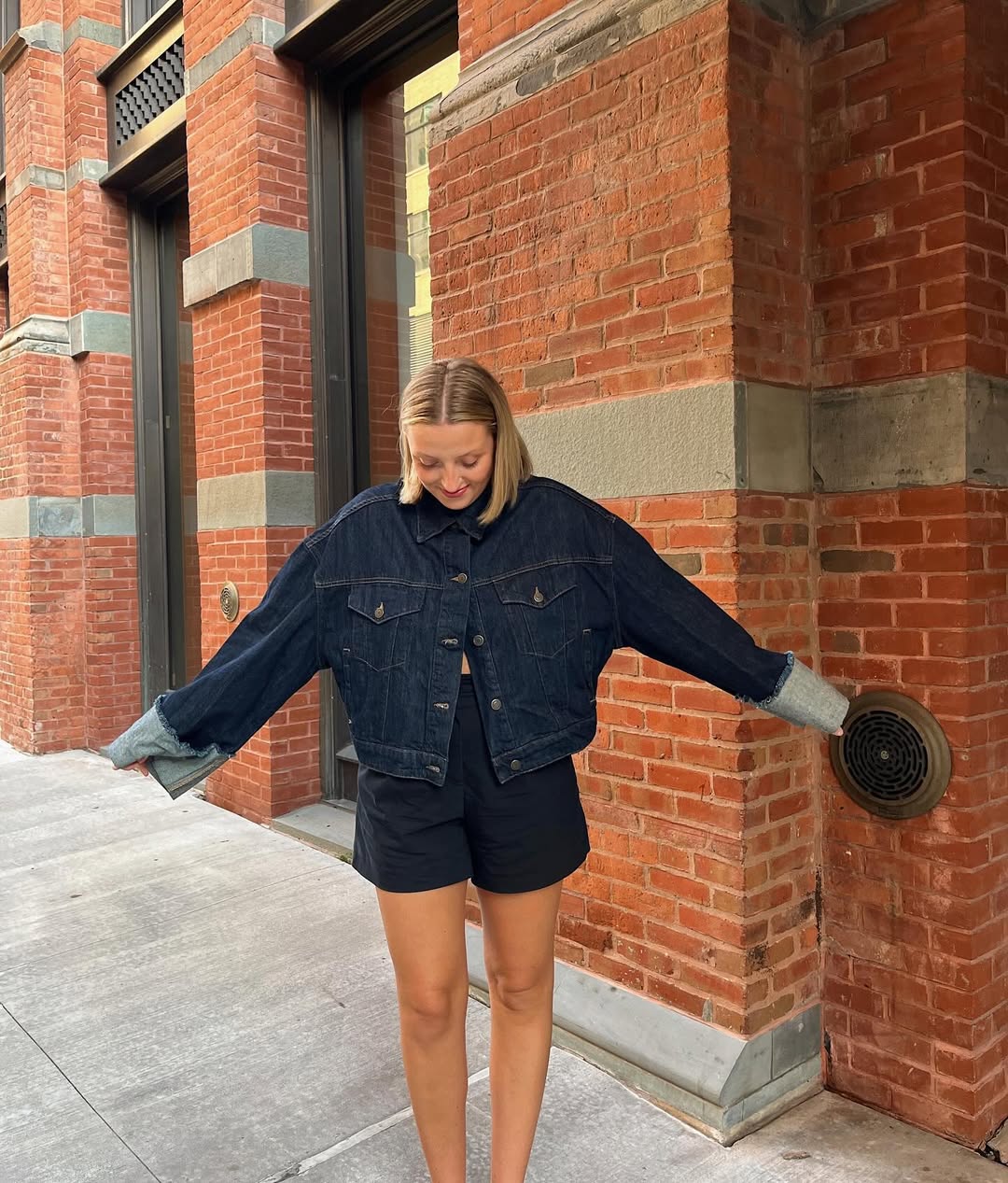 Oversized Denim Jacket With Black Shorts Look